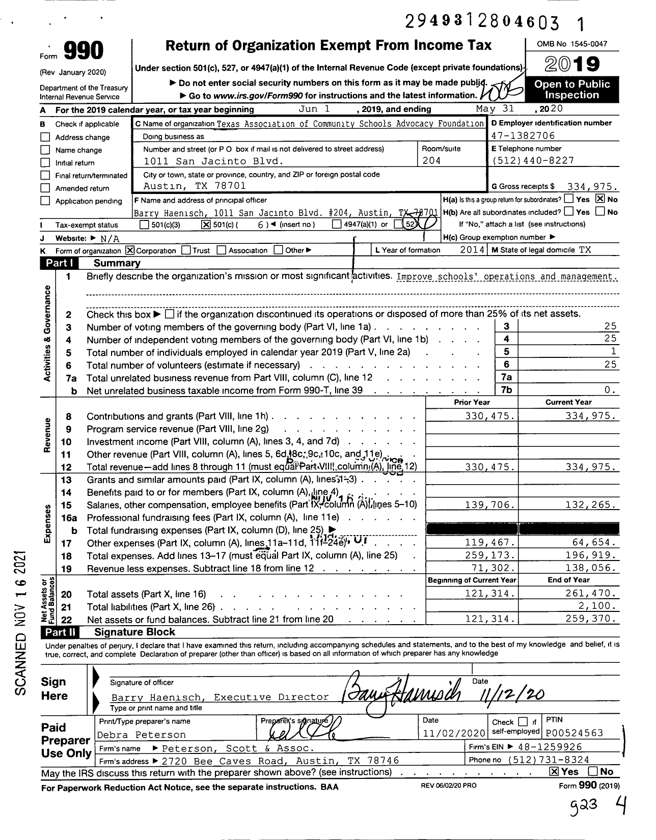 Image of first page of 2019 Form 990O for Texas Association of Community Schools Advocacy Foundation