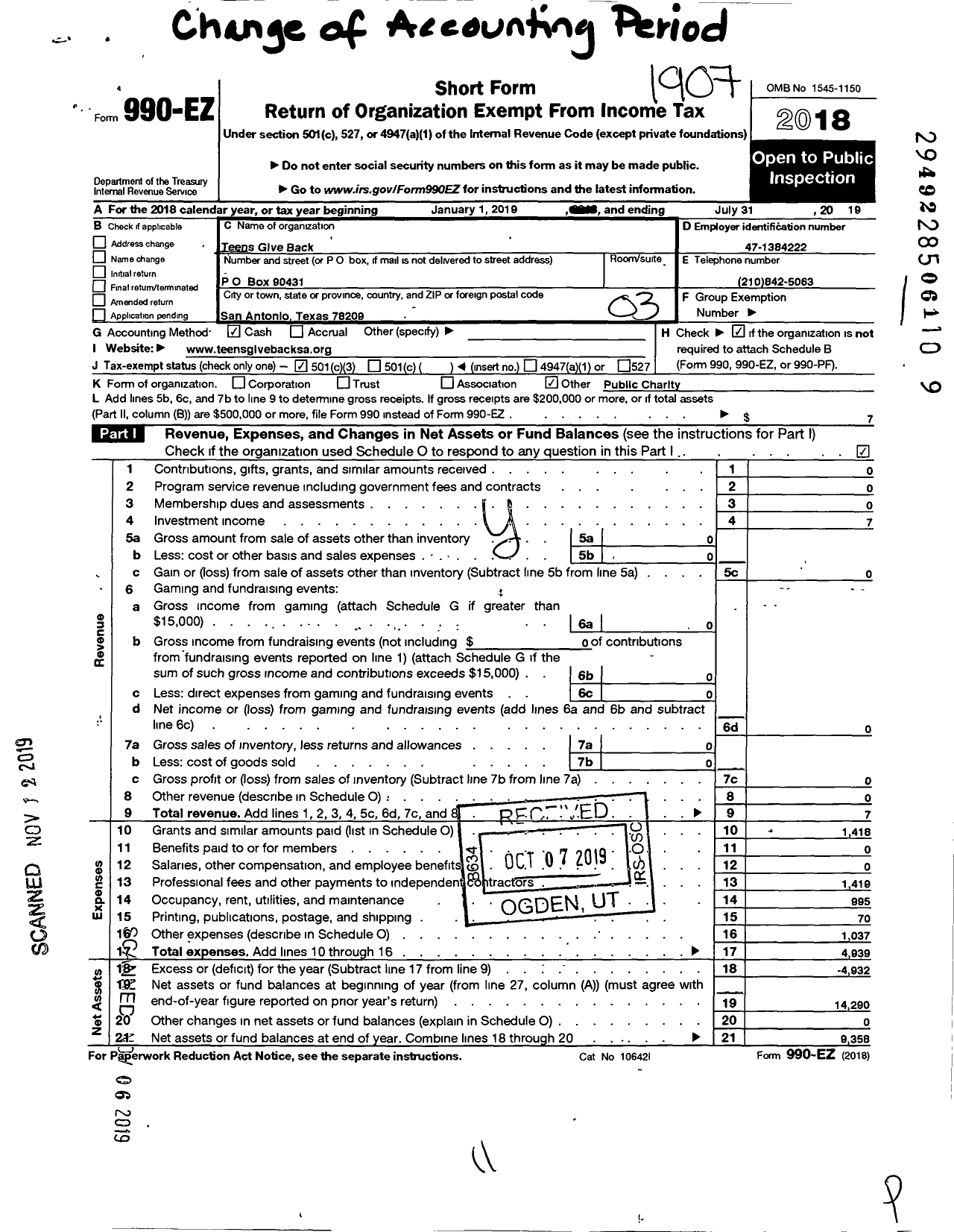 Image of first page of 2018 Form 990EZ for Teens Give Back