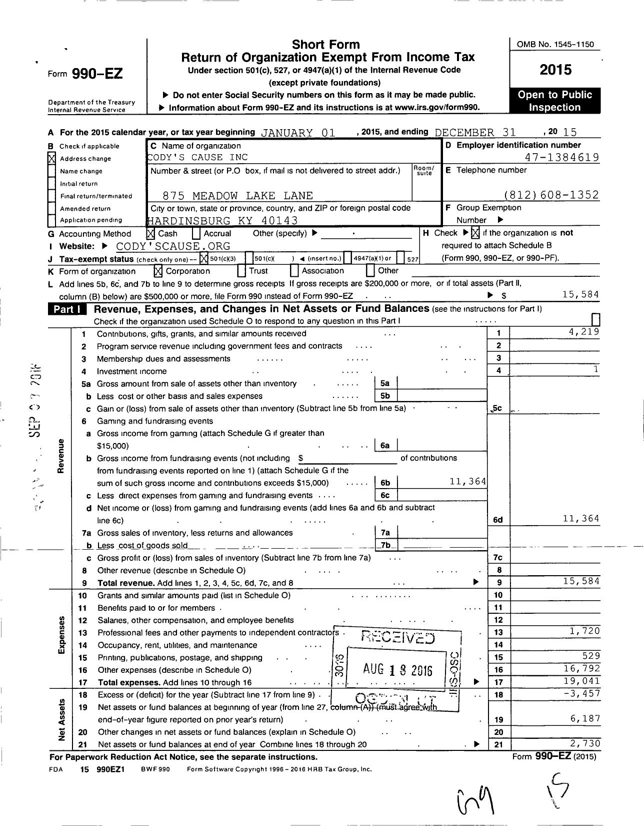 Image of first page of 2015 Form 990EZ for Codys S Cause