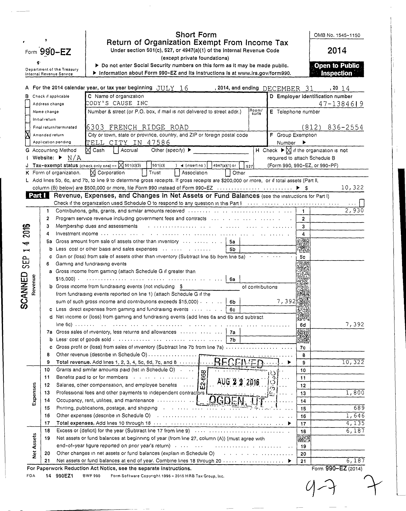 Image of first page of 2014 Form 990EZ for Codys S Cause