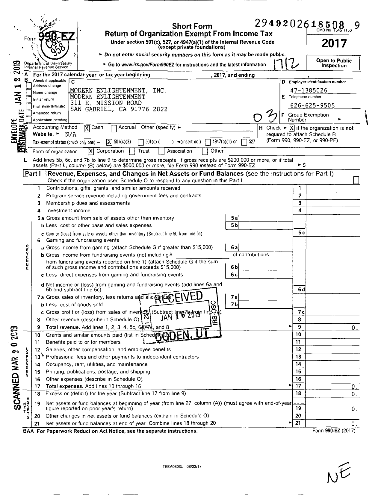 Image of first page of 2017 Form 990EZ for Modern Enlightenment