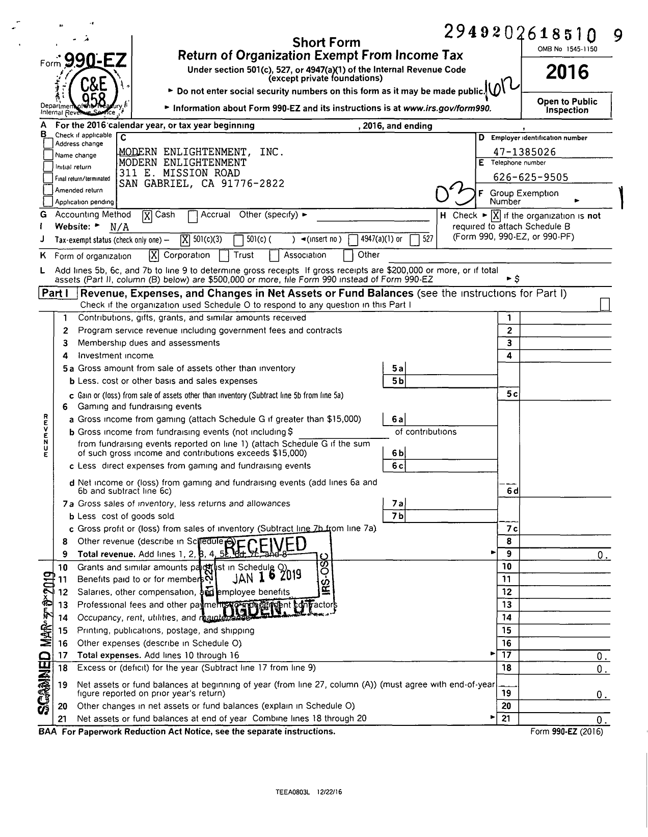 Image of first page of 2016 Form 990EZ for Modern Enlightenment