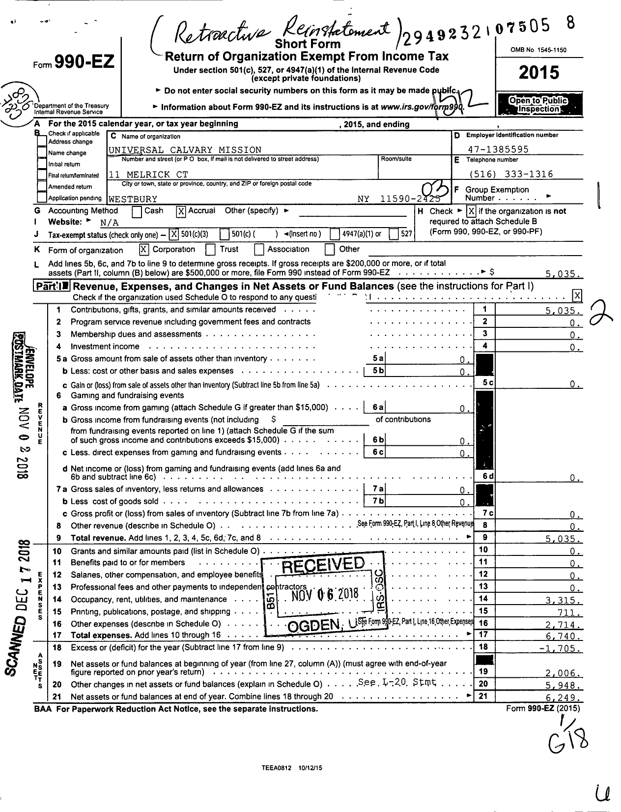 Image of first page of 2015 Form 990EZ for Universal Calvary Mission