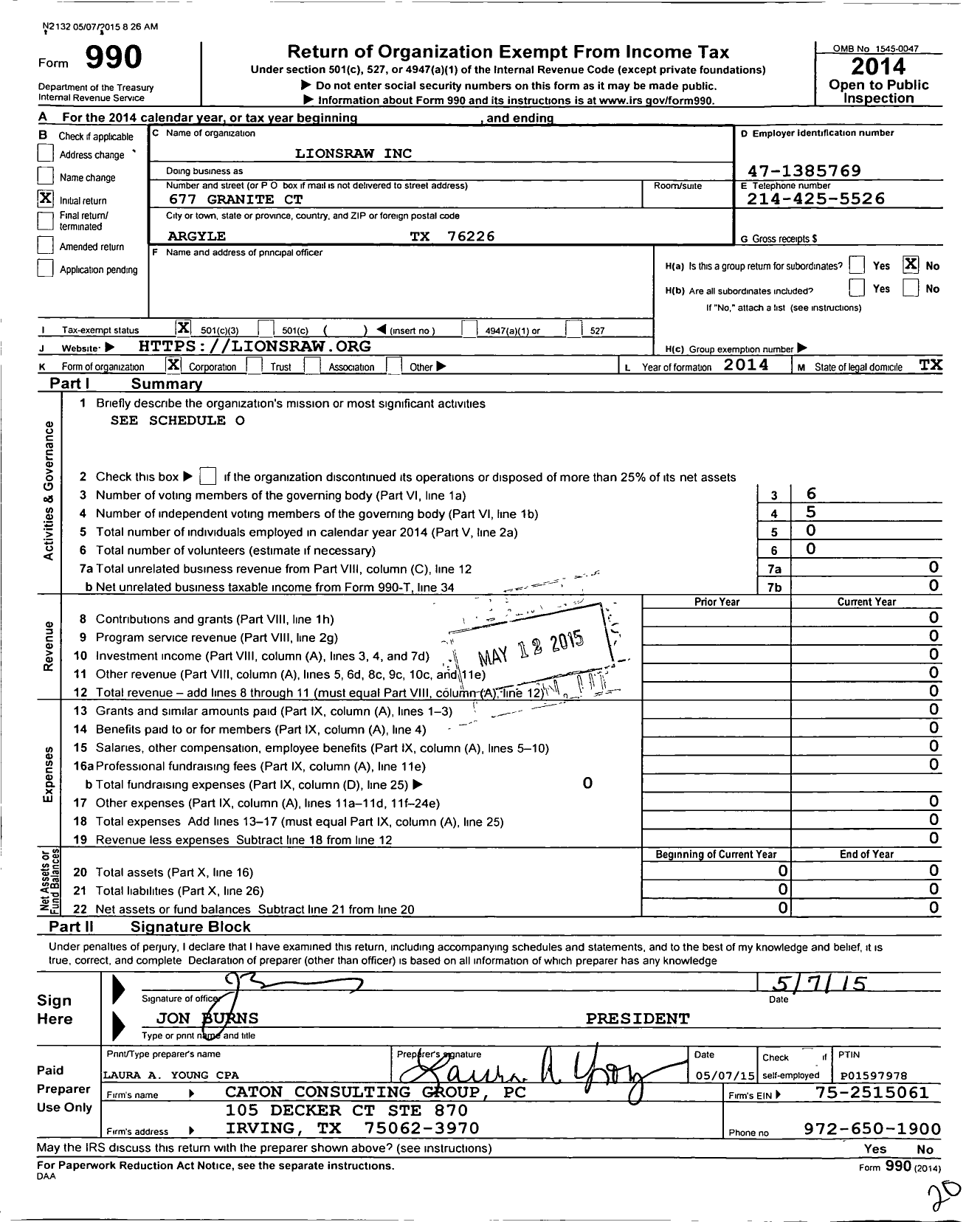 Image of first page of 2014 Form 990 for Lionsraw