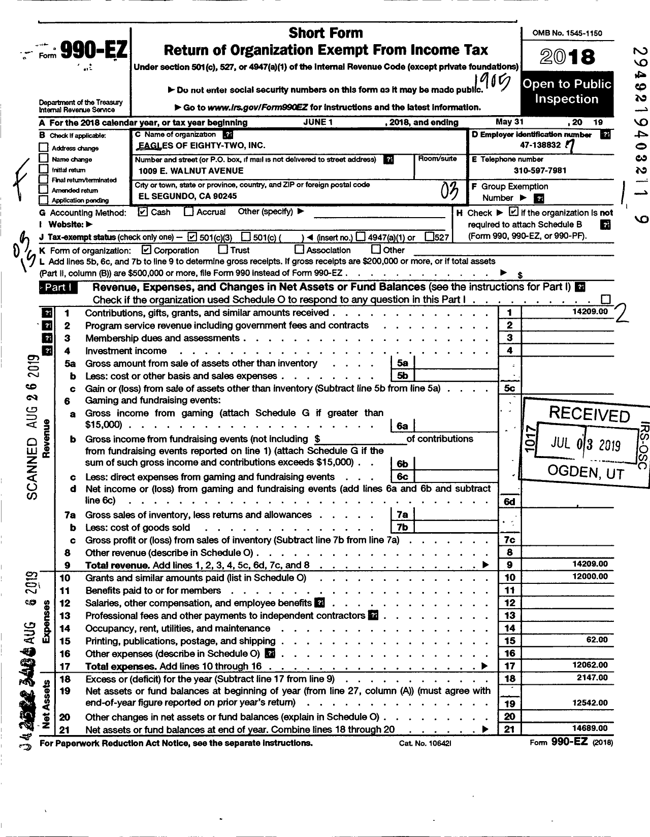 Image of first page of 2018 Form 990EZ for Eagles of Eighty-Two Incorporated