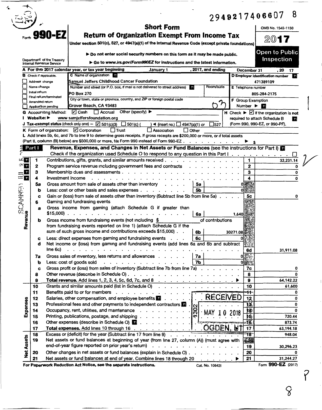 Image of first page of 2017 Form 990EZ for Samuel Jeffers Childhood Cancer Foundation