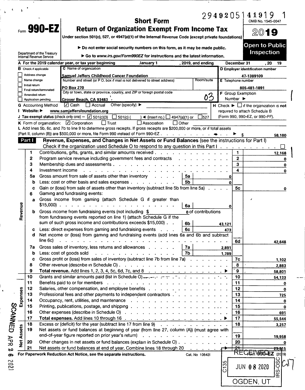 Image of first page of 2019 Form 990EZ for Samuel Jeffers Childhood Cancer Foundation