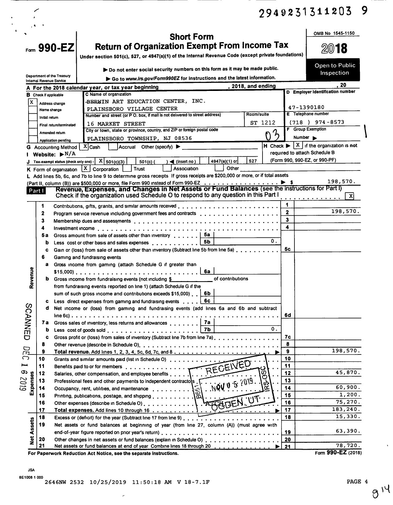 Image of first page of 2018 Form 990EZ for Berwin Art Education Center