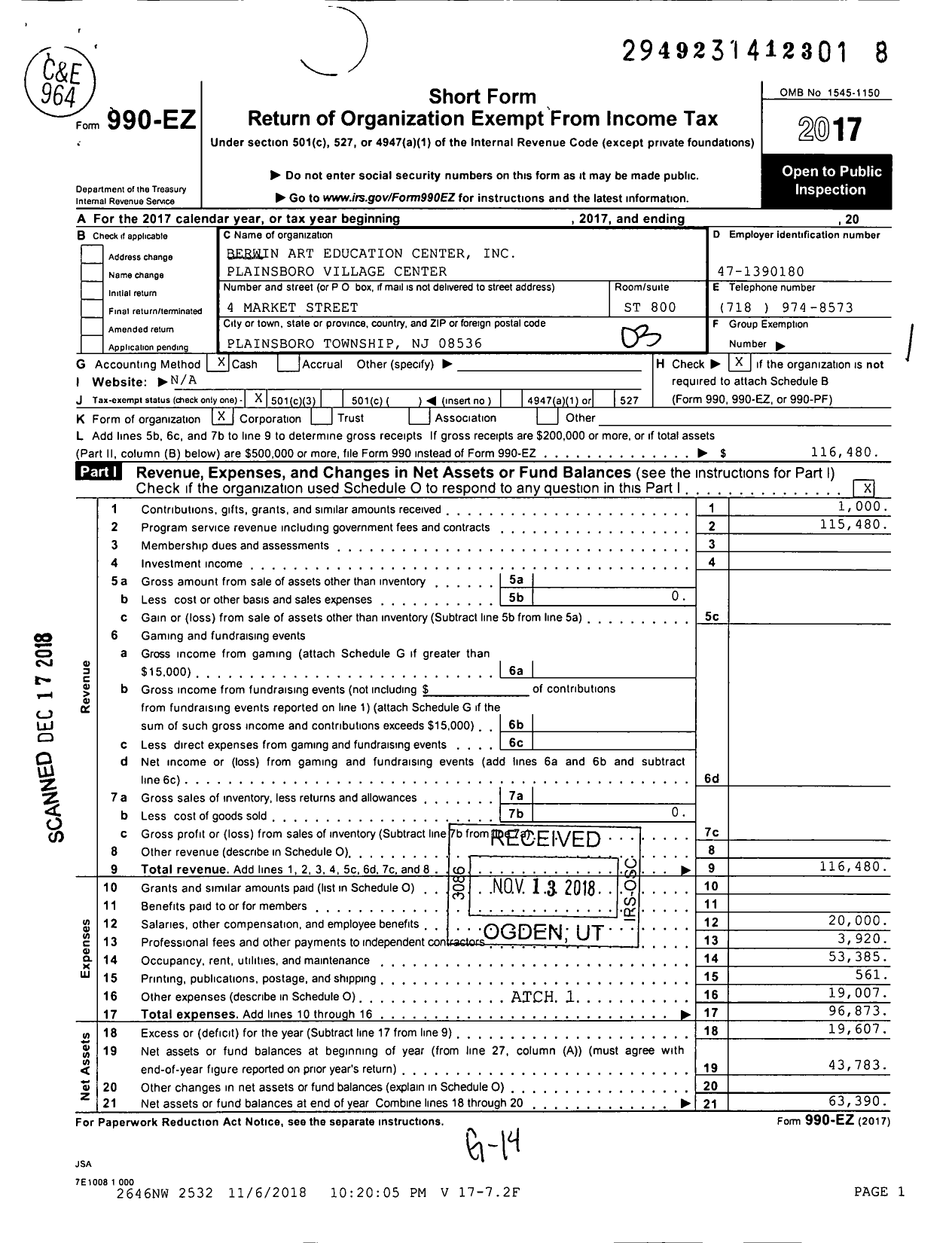 Image of first page of 2017 Form 990EZ for Berwin Art Education Center