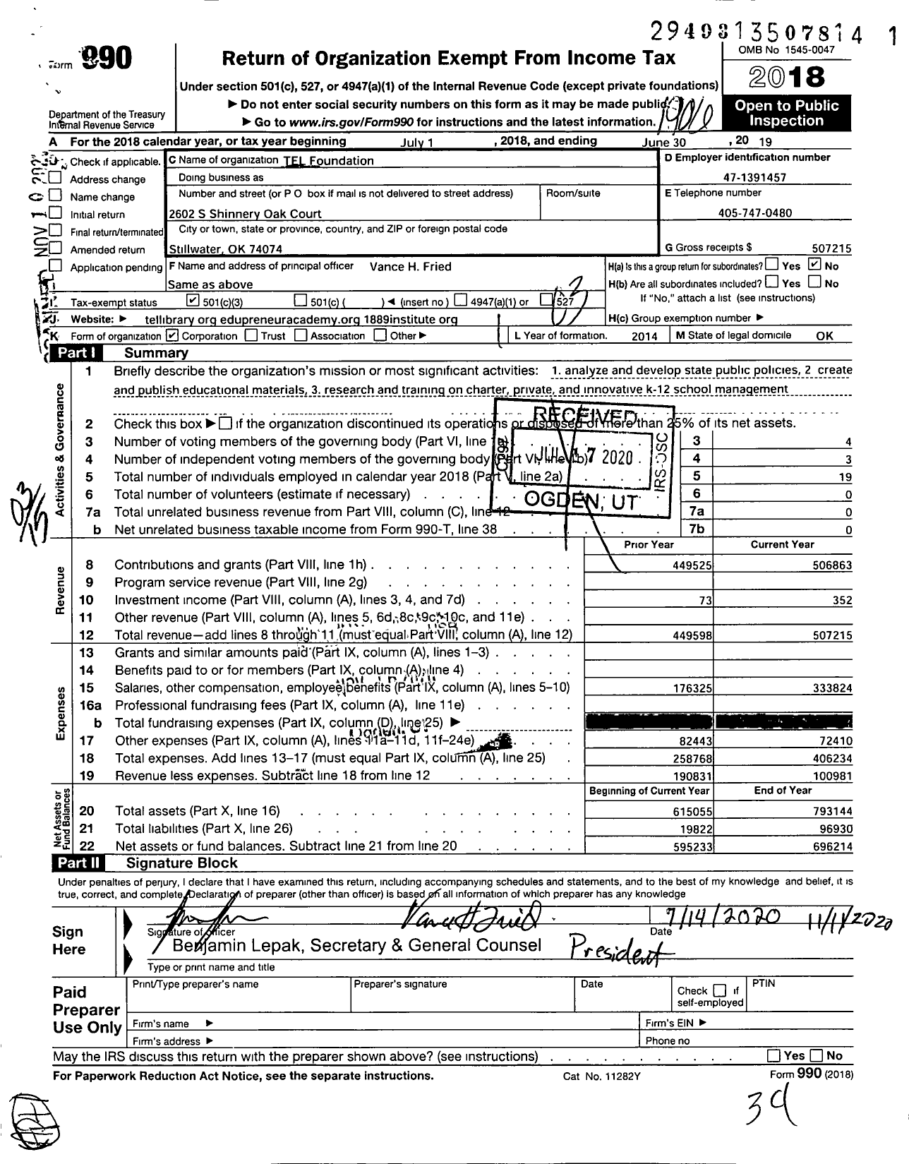 Image of first page of 2018 Form 990 for Tel Foundation