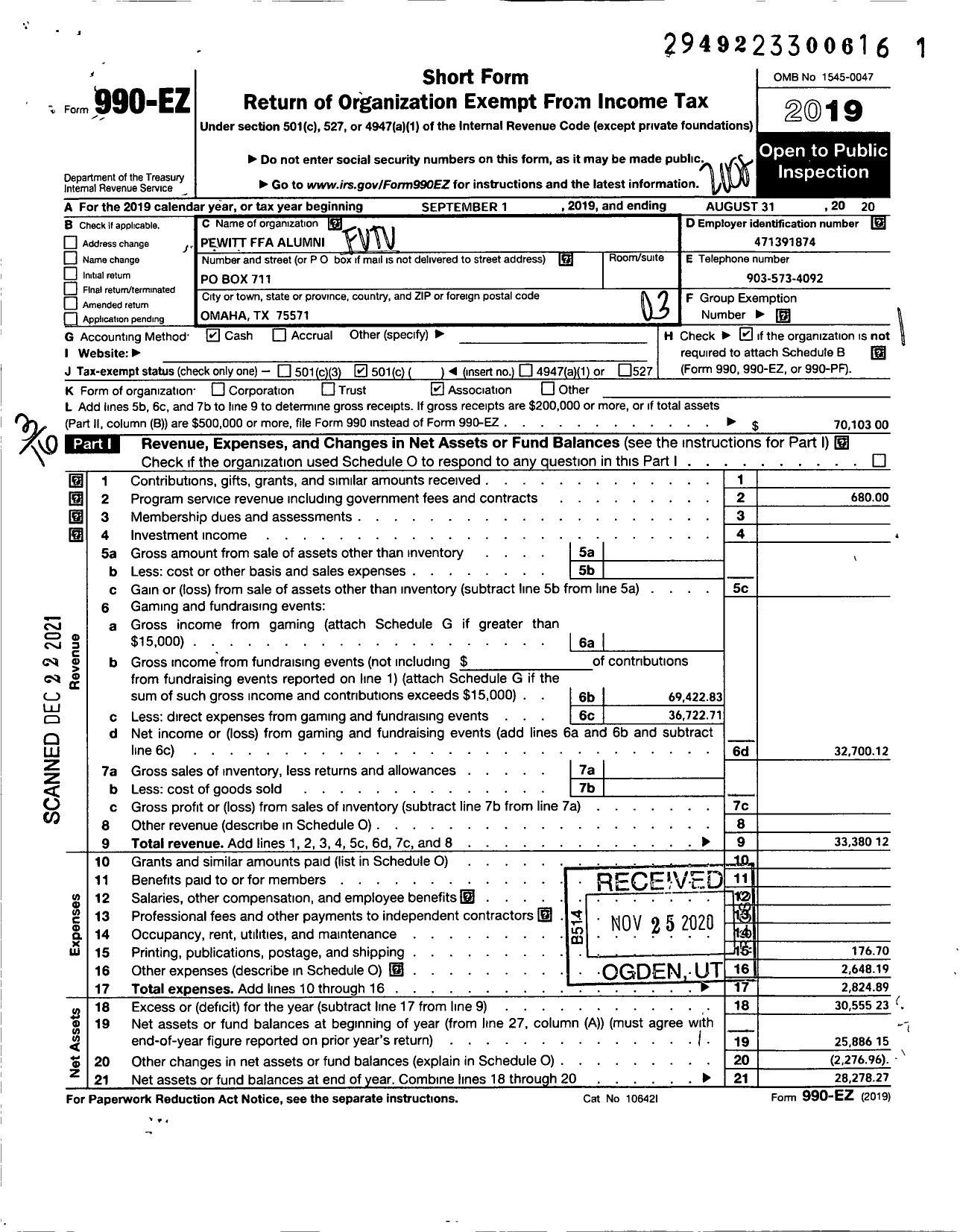 Image of first page of 2019 Form 990EZ for Future Farmers of America - Paul Pewitt Ffa Alumni