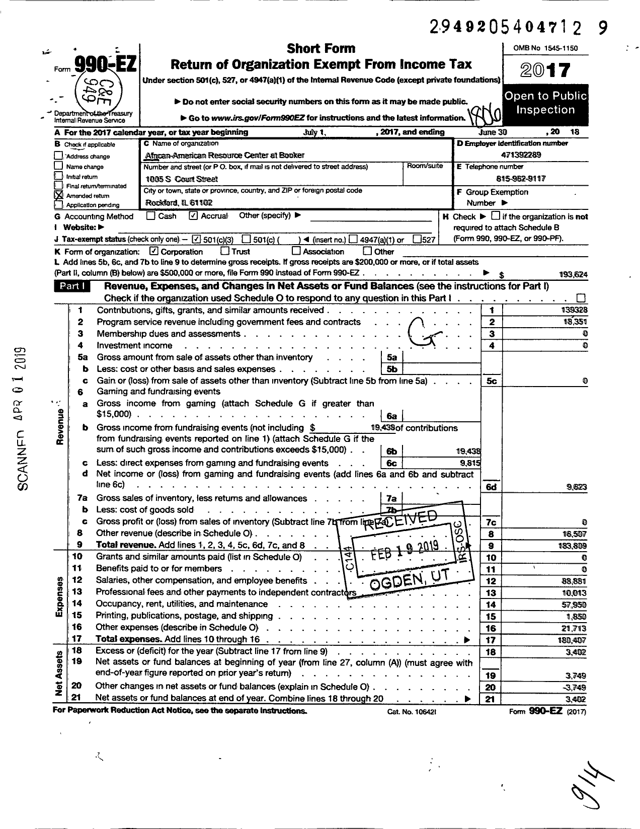 Image of first page of 2017 Form 990EZ for African-American Resource Center at Booker