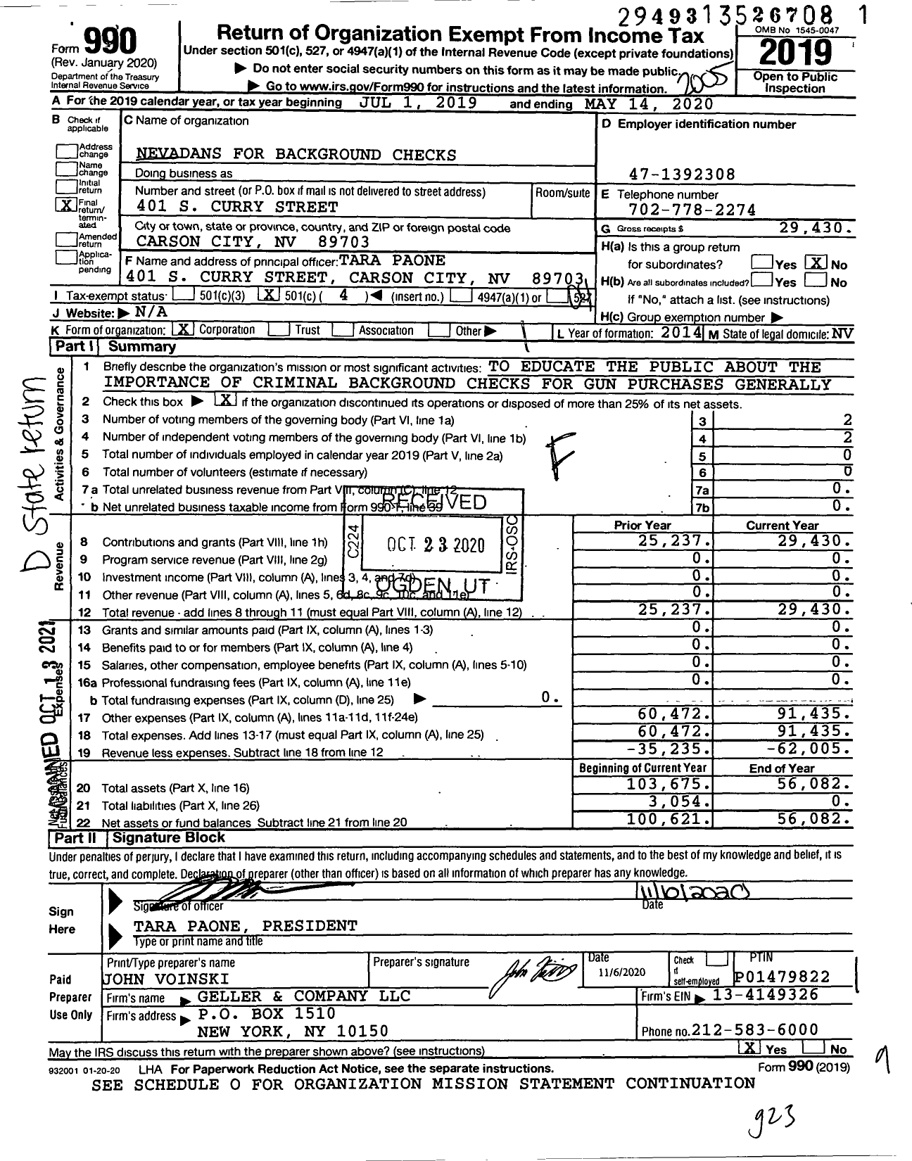 Image of first page of 2019 Form 990O for Nevadans for Background Checks