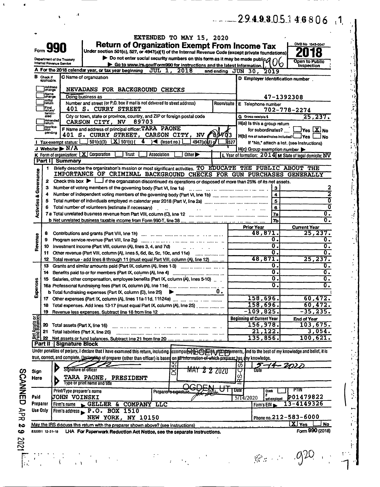 Image of first page of 2018 Form 990O for Nevadans for Background Checks