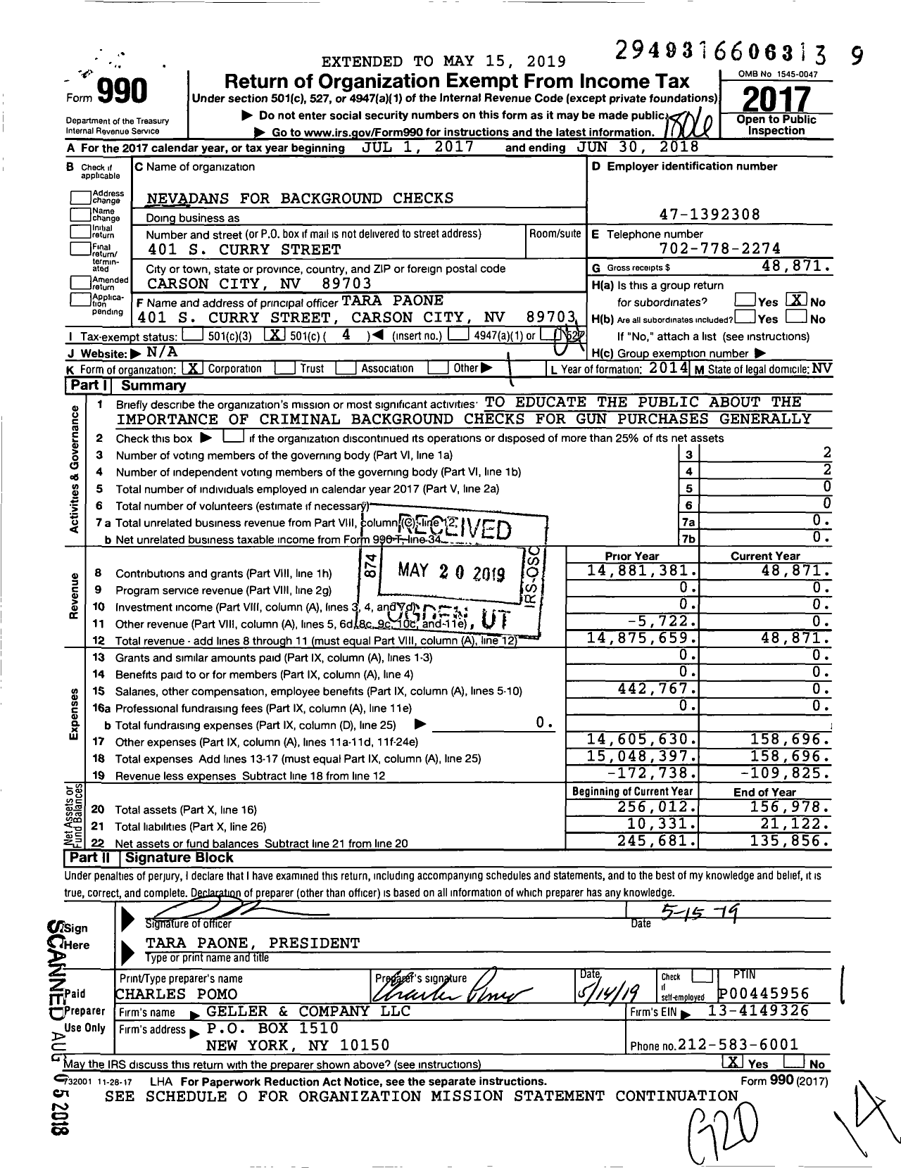 Image of first page of 2017 Form 990O for Nevadans for Background Checks