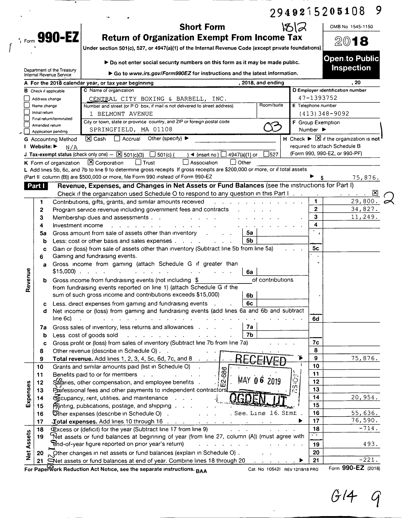 Image of first page of 2018 Form 990EZ for Central City Boxing and Barbell