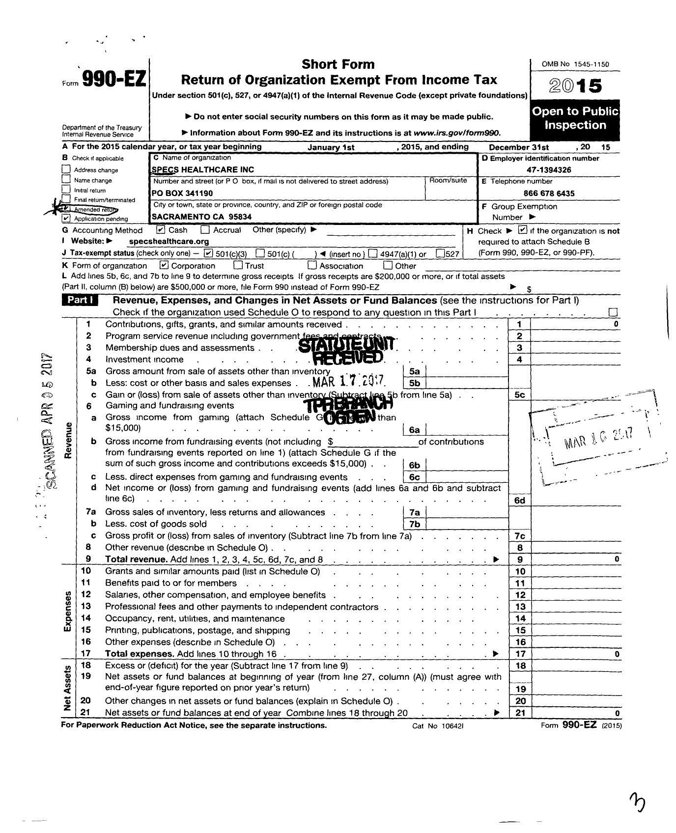 Image of first page of 2015 Form 990EZ for Specs Healthcare