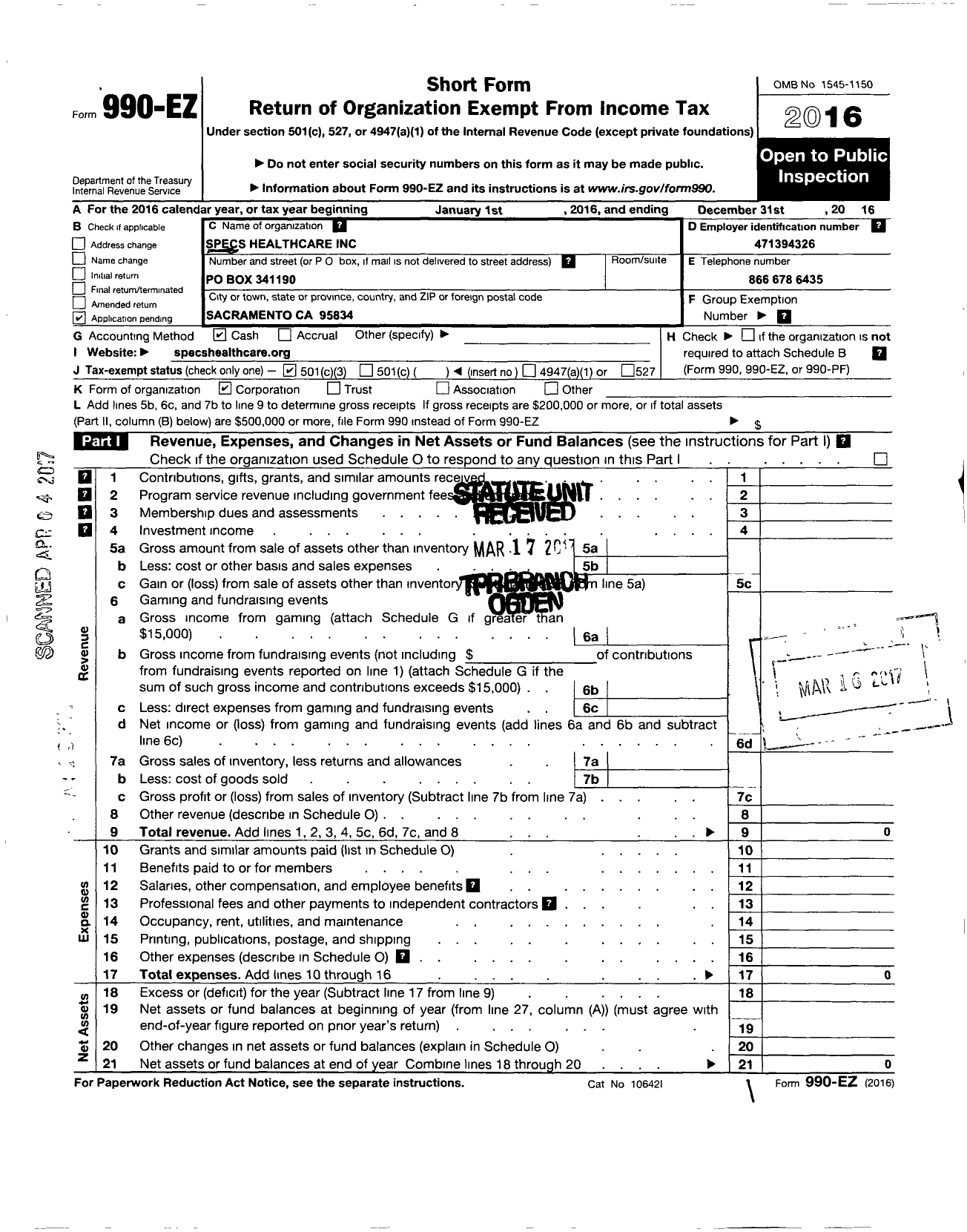 Image of first page of 2016 Form 990EZ for Specs Healthcare