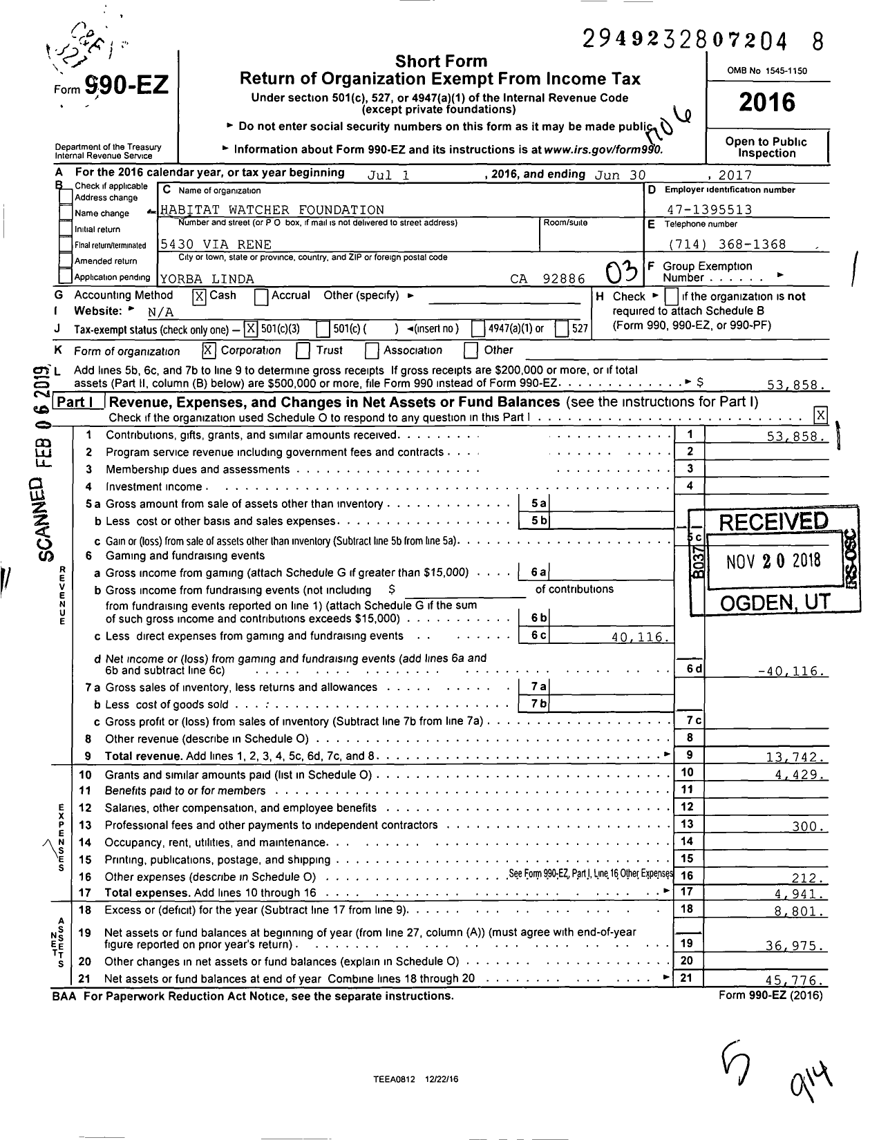 Image of first page of 2016 Form 990EZ for Habitat Watcher Foundation