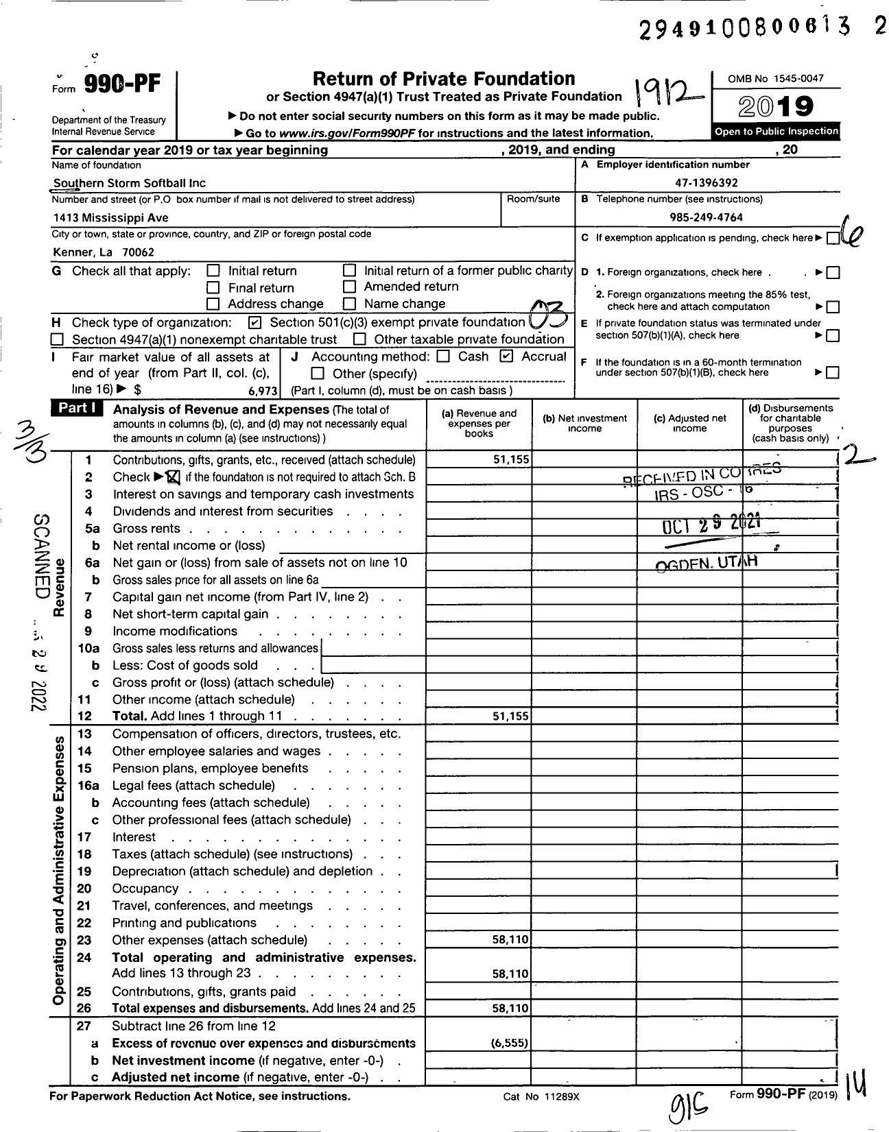 Image of first page of 2019 Form 990PF for Southern Storm Softball