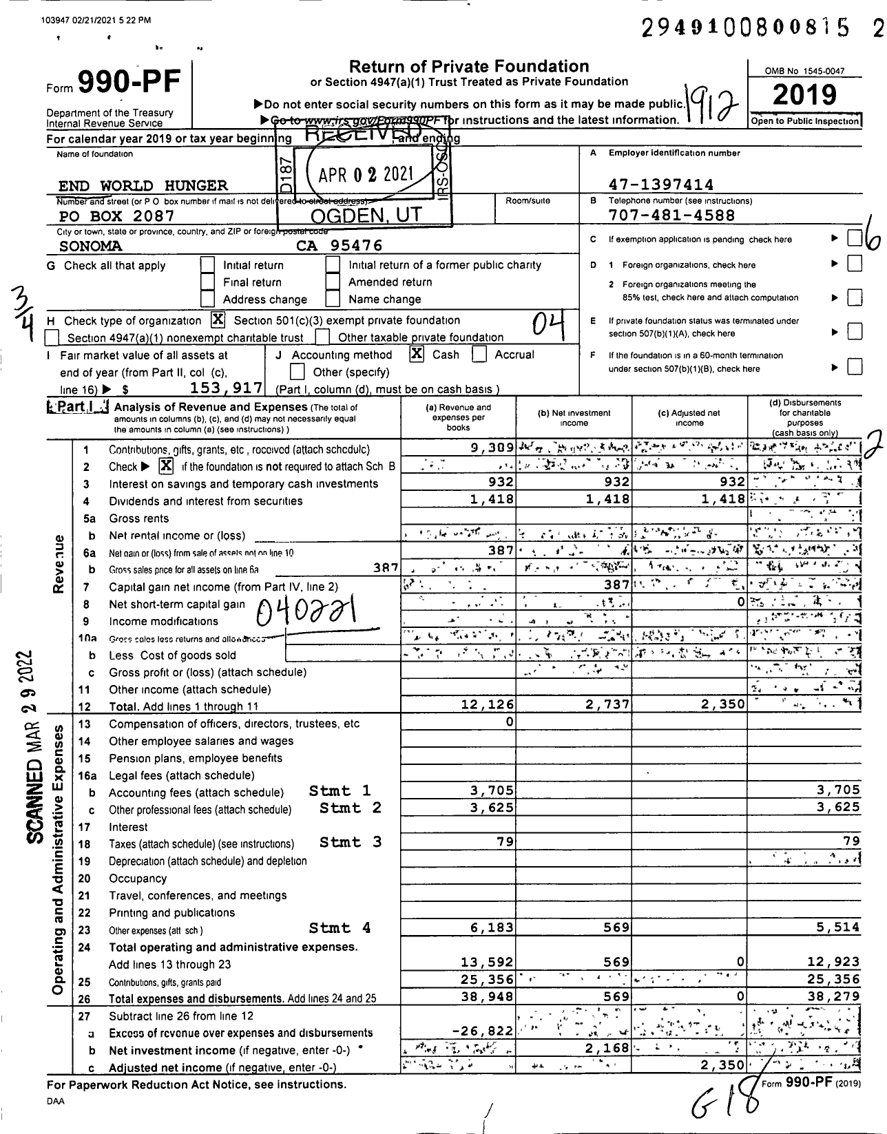 Image of first page of 2019 Form 990PF for End World Hunger