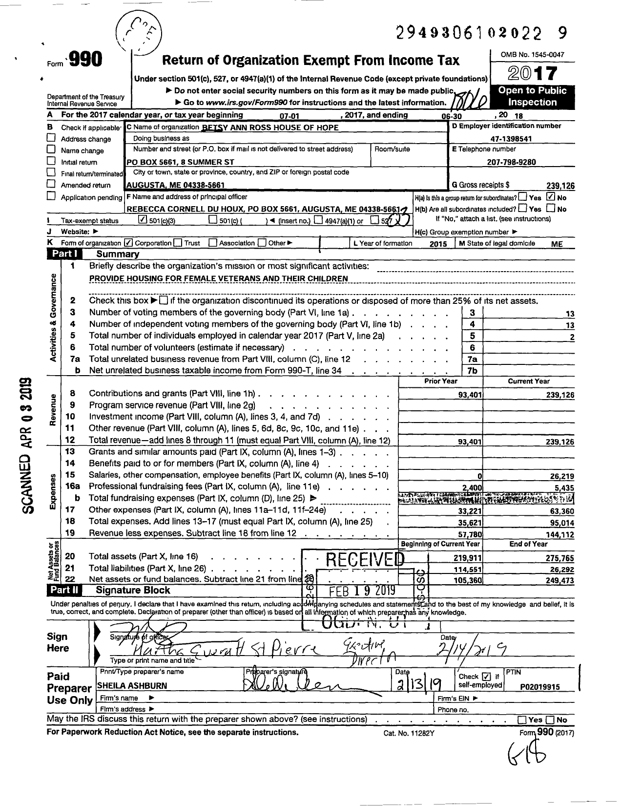 Image of first page of 2017 Form 990 for Betsy Ann Ross House of Hope