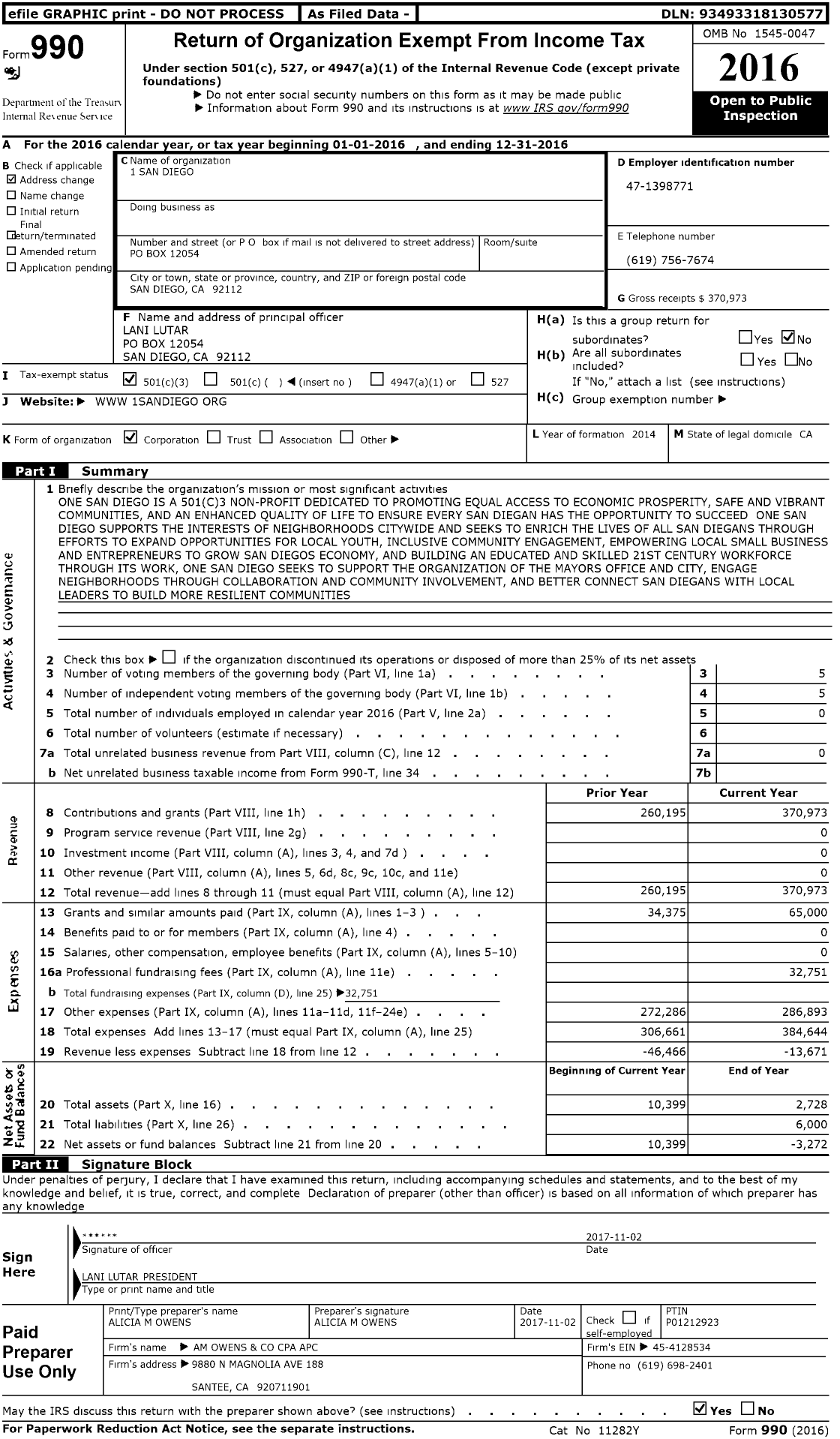 Image of first page of 2016 Form 990 for 1 San Diego