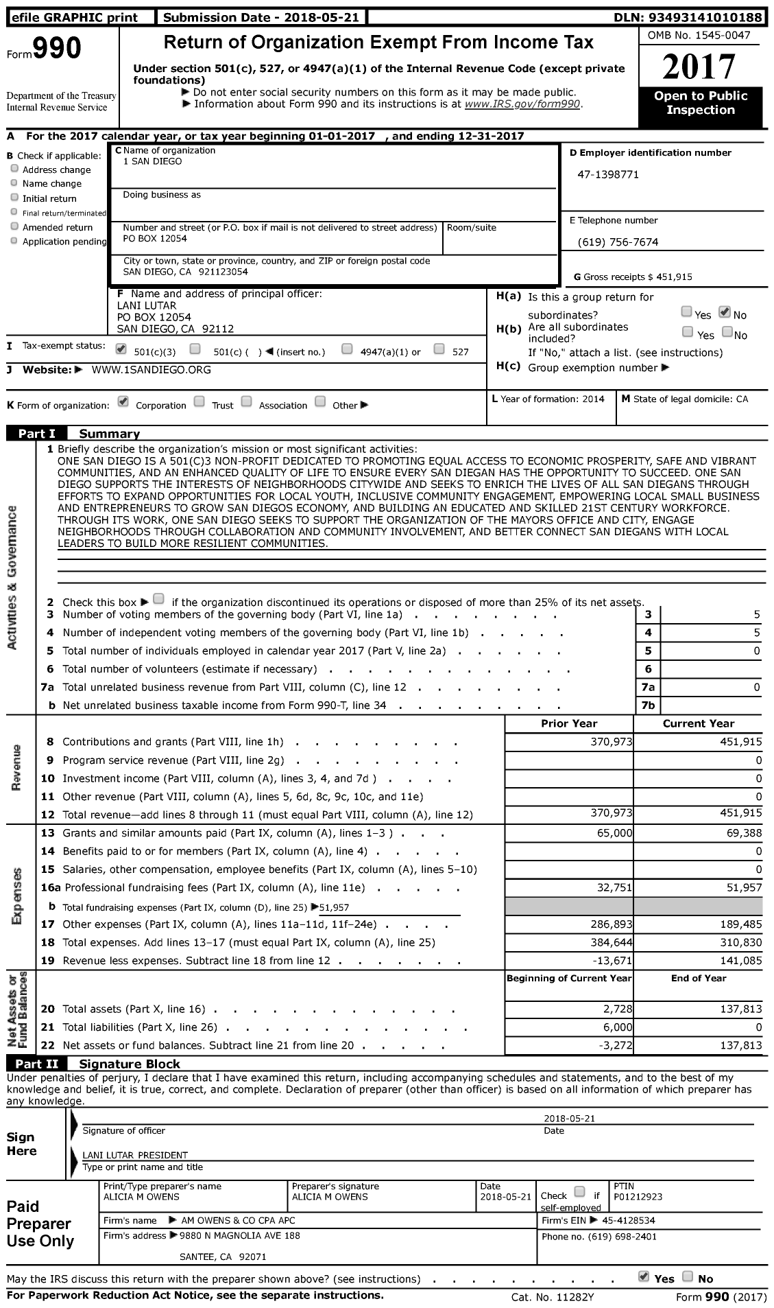 Image of first page of 2017 Form 990 for 1 San Diego