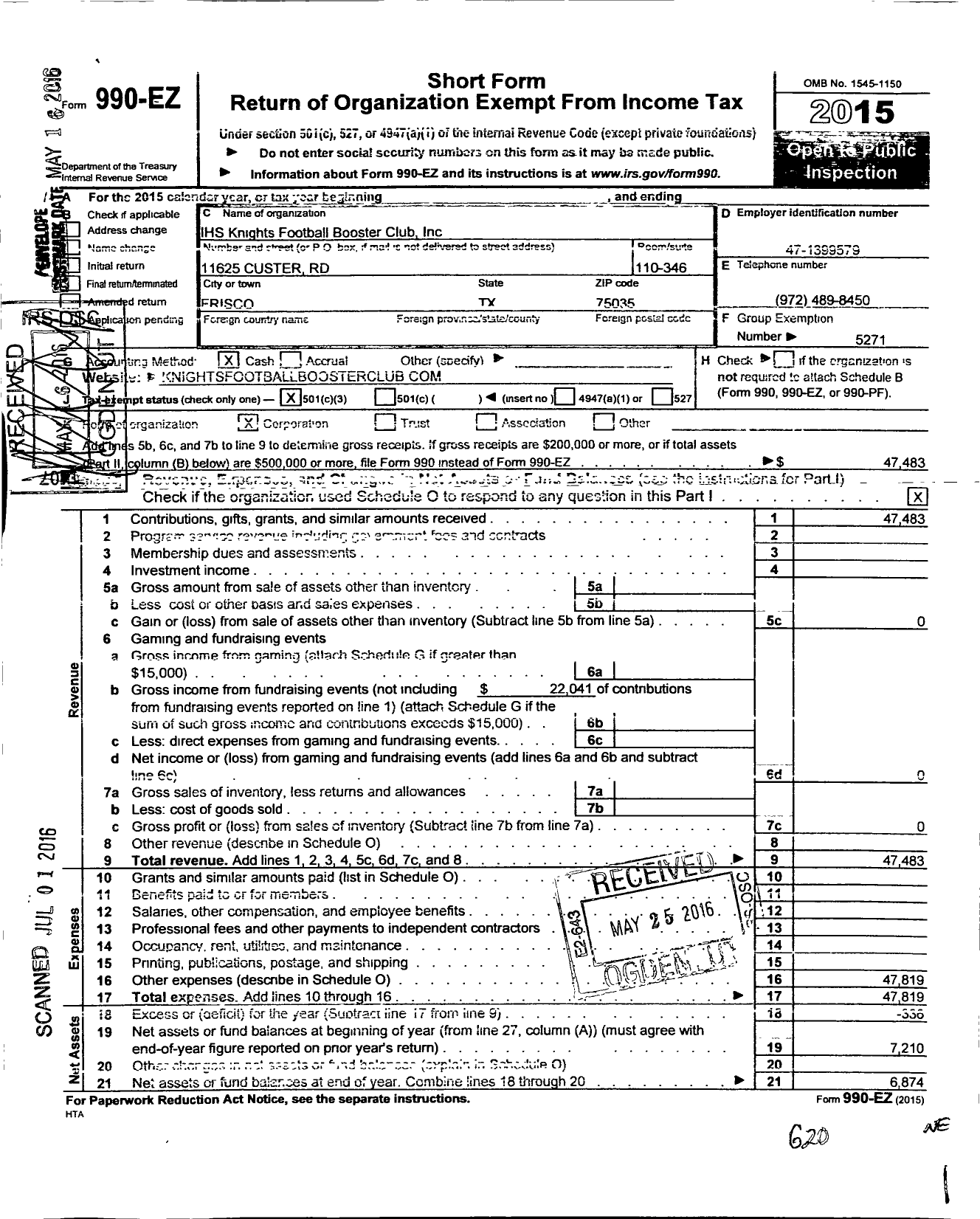 Image of first page of 2015 Form 990EZ for Parent Booster USA / Ihs Knights Football Booster Club I