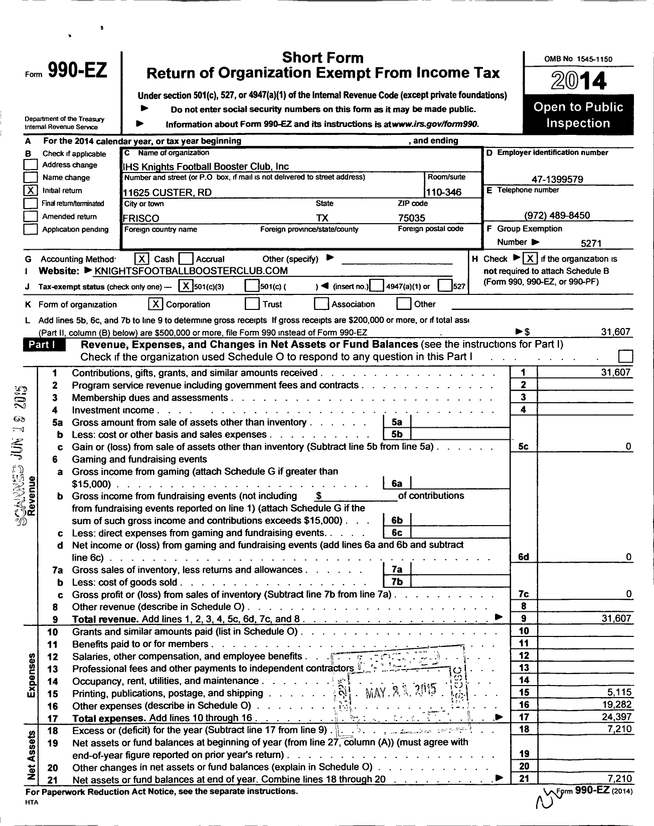 Image of first page of 2014 Form 990EZ for Parent Booster USA / Ihs Knights Football Booster Club I