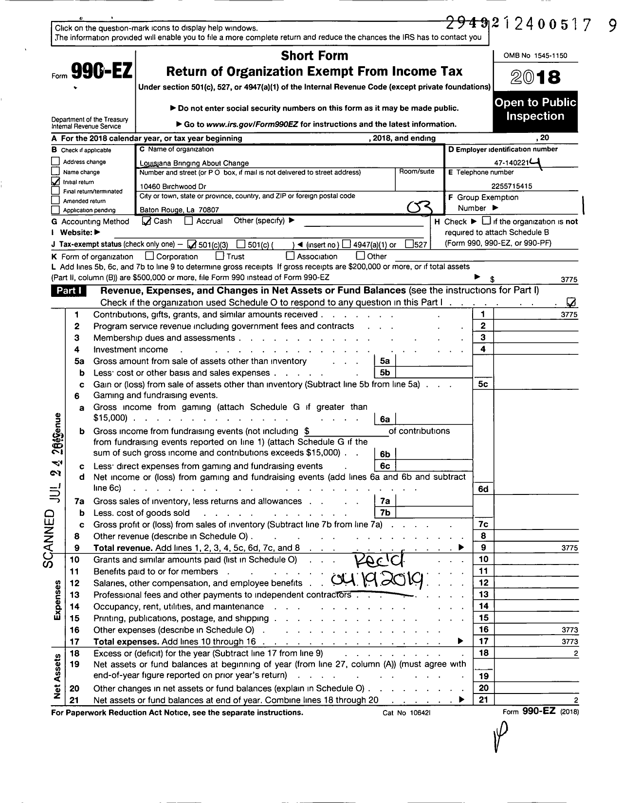 Image of first page of 2018 Form 990EZ for Louisiana Bringing About Change