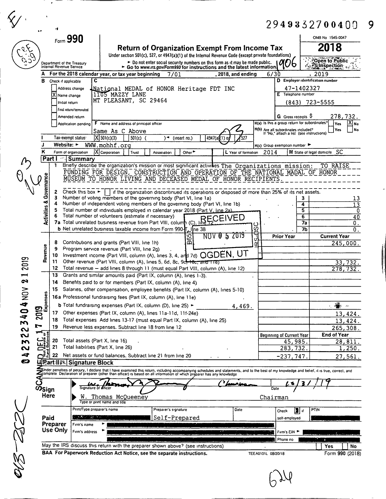 Image of first page of 2018 Form 990 for The Congressional Medal of Honor Museum FDT