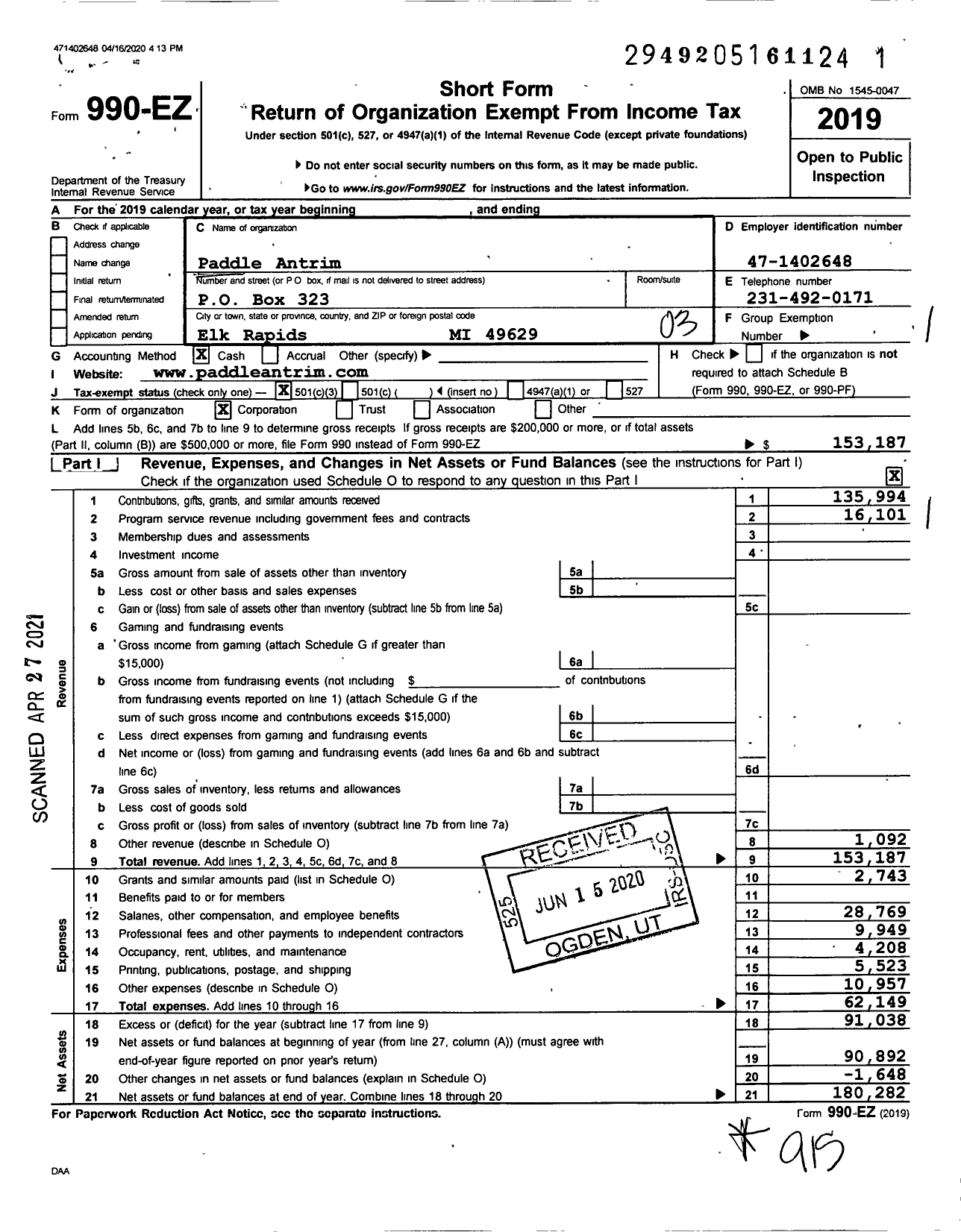 Image of first page of 2019 Form 990EZ for Paddle Antrim