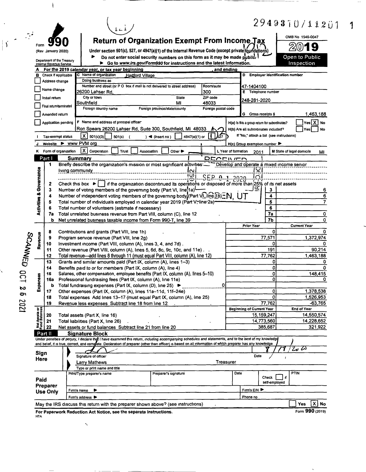 Image of first page of 2019 Form 990 for Hartford Village