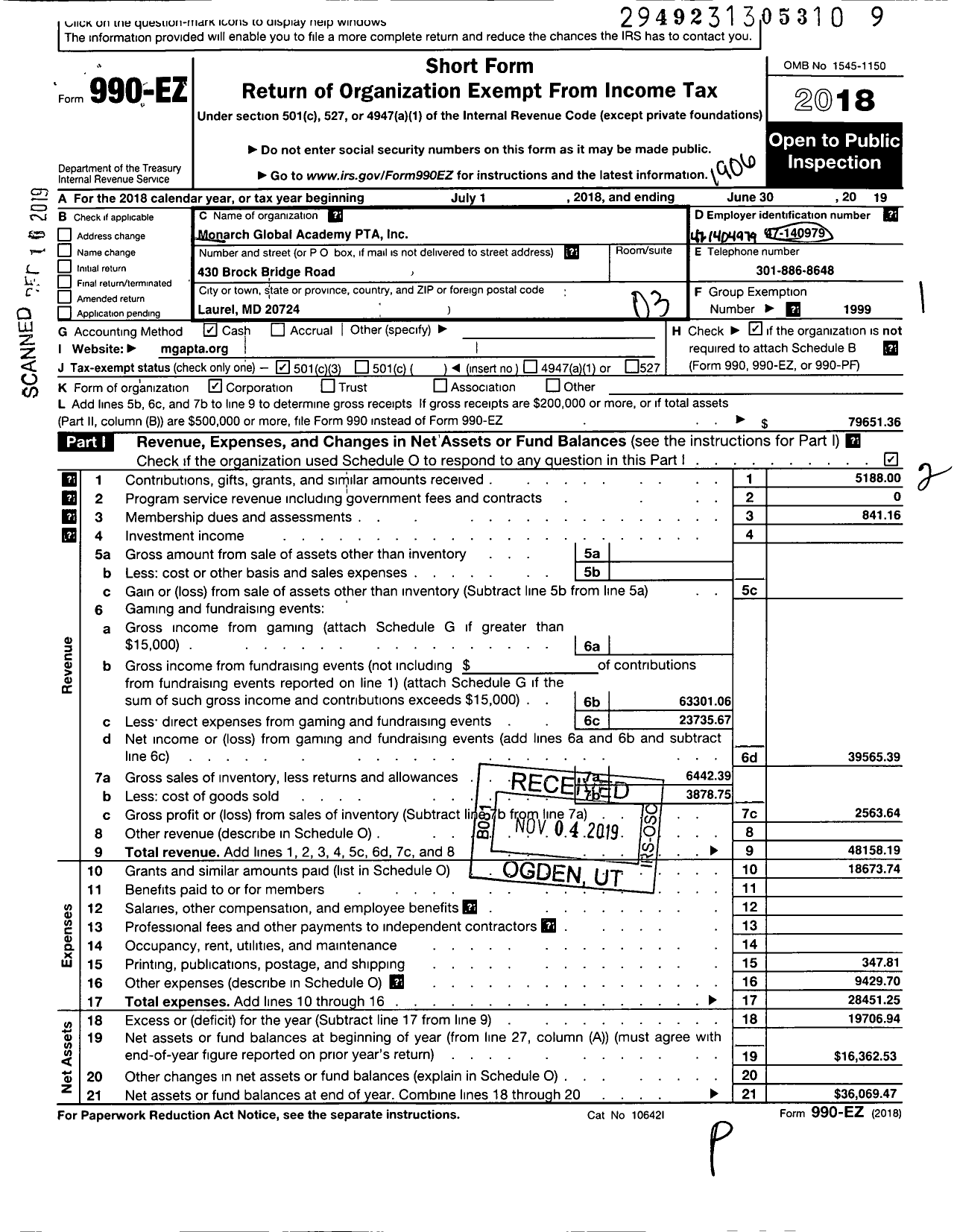 Image of first page of 2018 Form 990EZ for PTA Maryland Congress of Parents and Teachers / Monarch Global Academy PTA