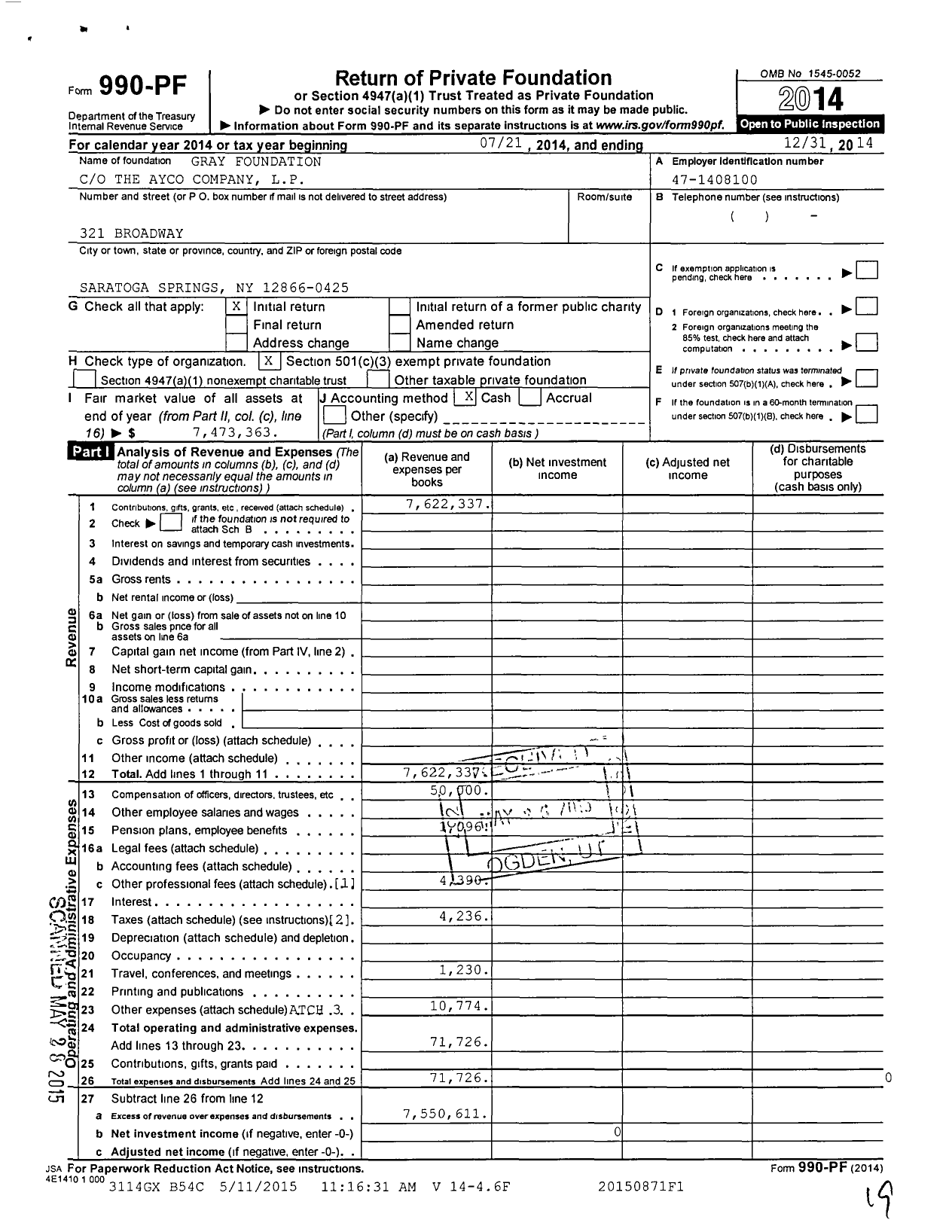 Image of first page of 2014 Form 990PF for Gray Foundation