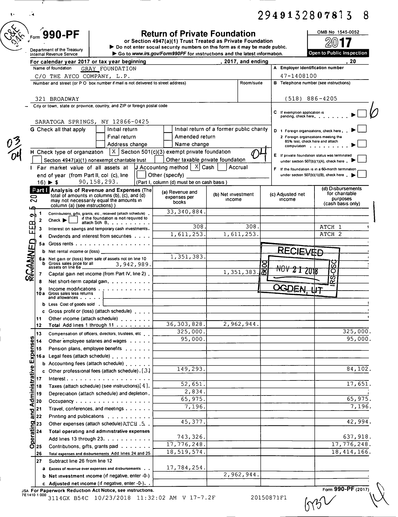Image of first page of 2017 Form 990PF for Gray Foundation