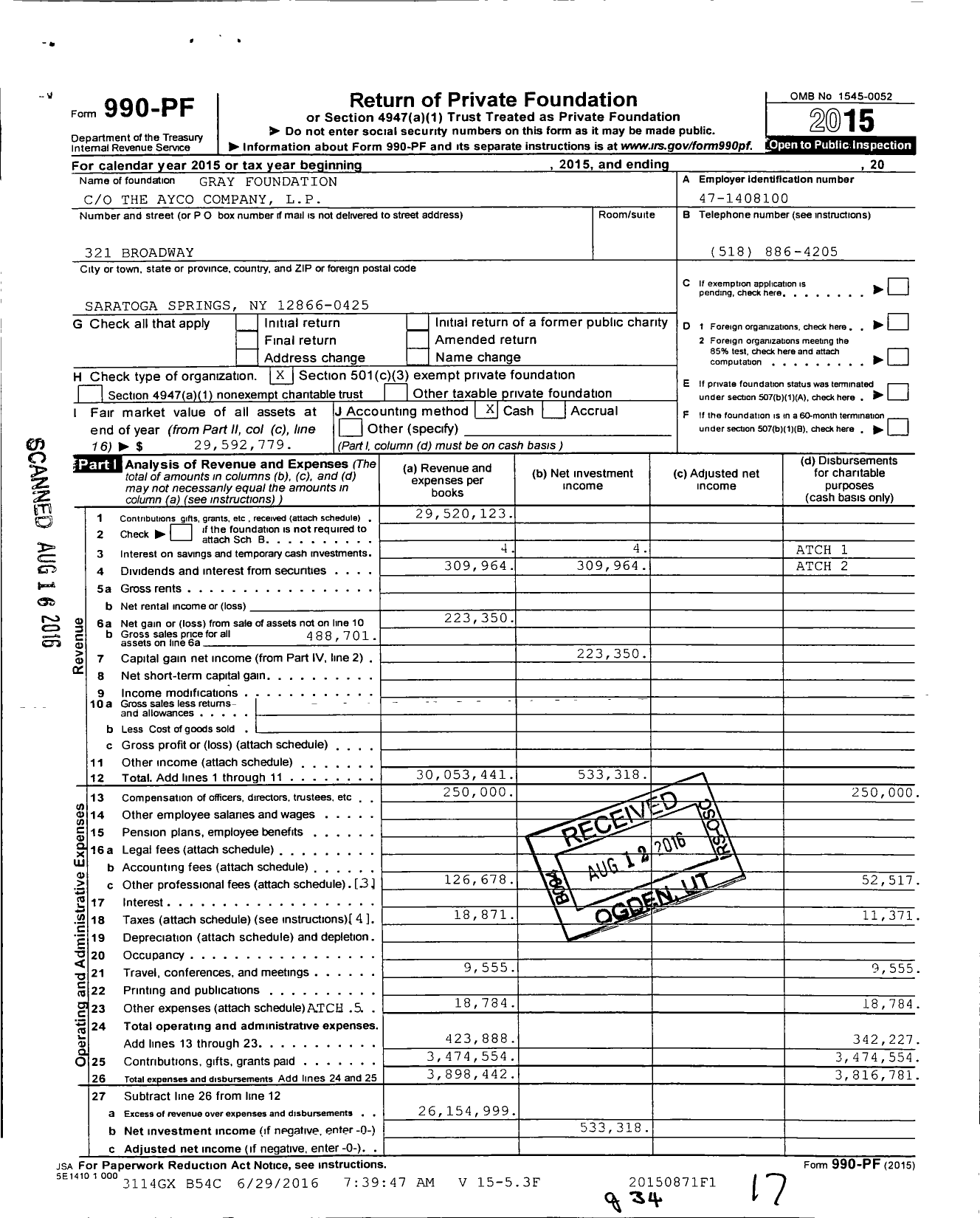 Image of first page of 2015 Form 990PF for Gray Foundation