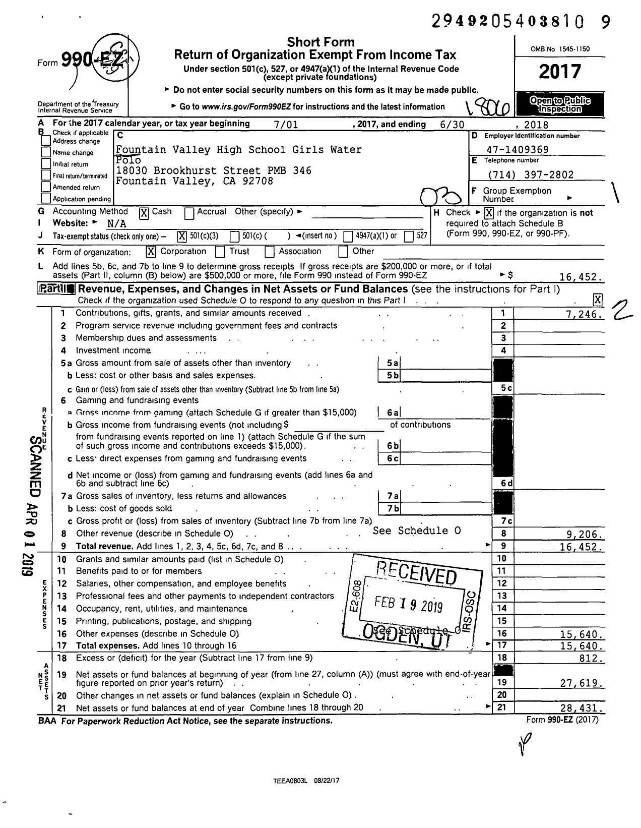 Image of first page of 2017 Form 990EZ for Fountain Valley High School Girls Water Polo (FVHS GWP)