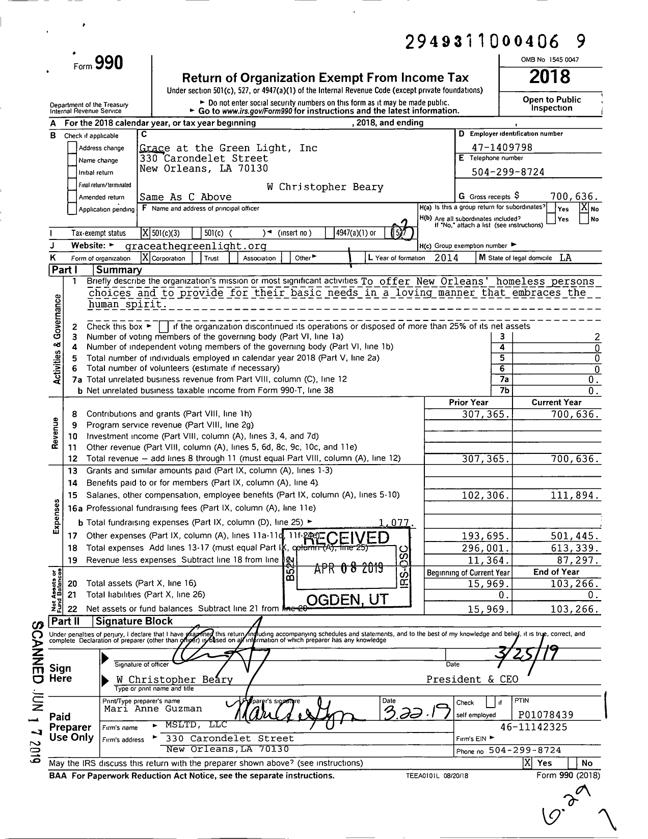 Image of first page of 2018 Form 990 for Grace at the Green Light