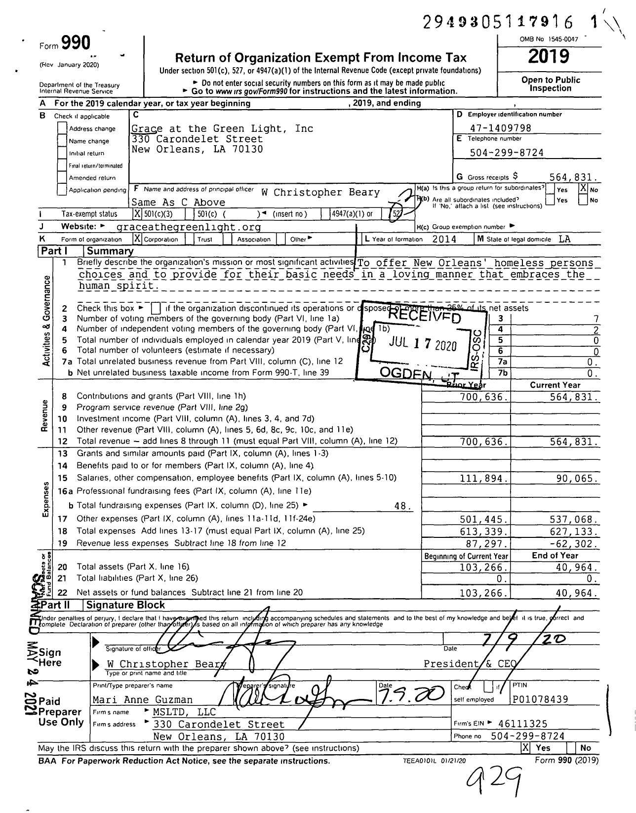 Image of first page of 2019 Form 990 for Grace at the Green Light