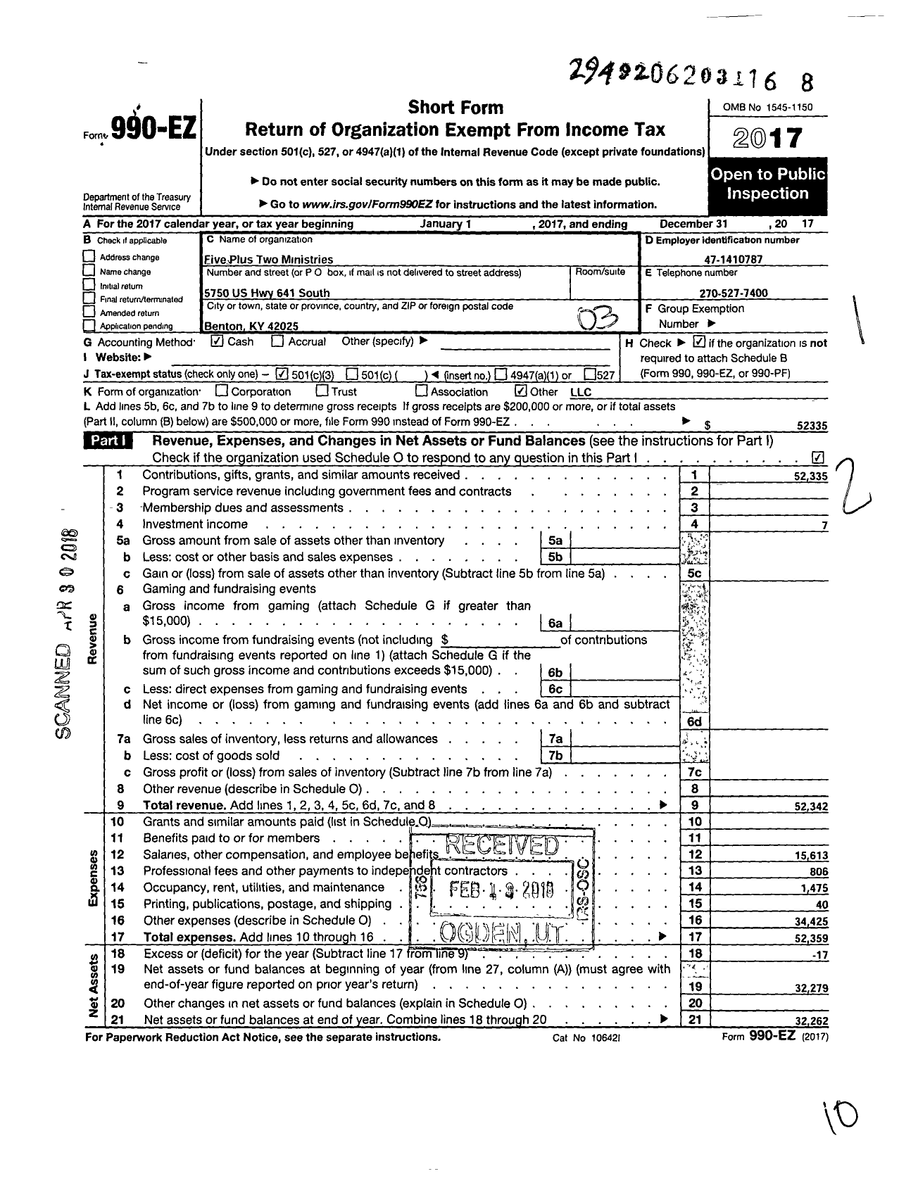 Image of first page of 2017 Form 990EZ for Five Plus Two Ministries