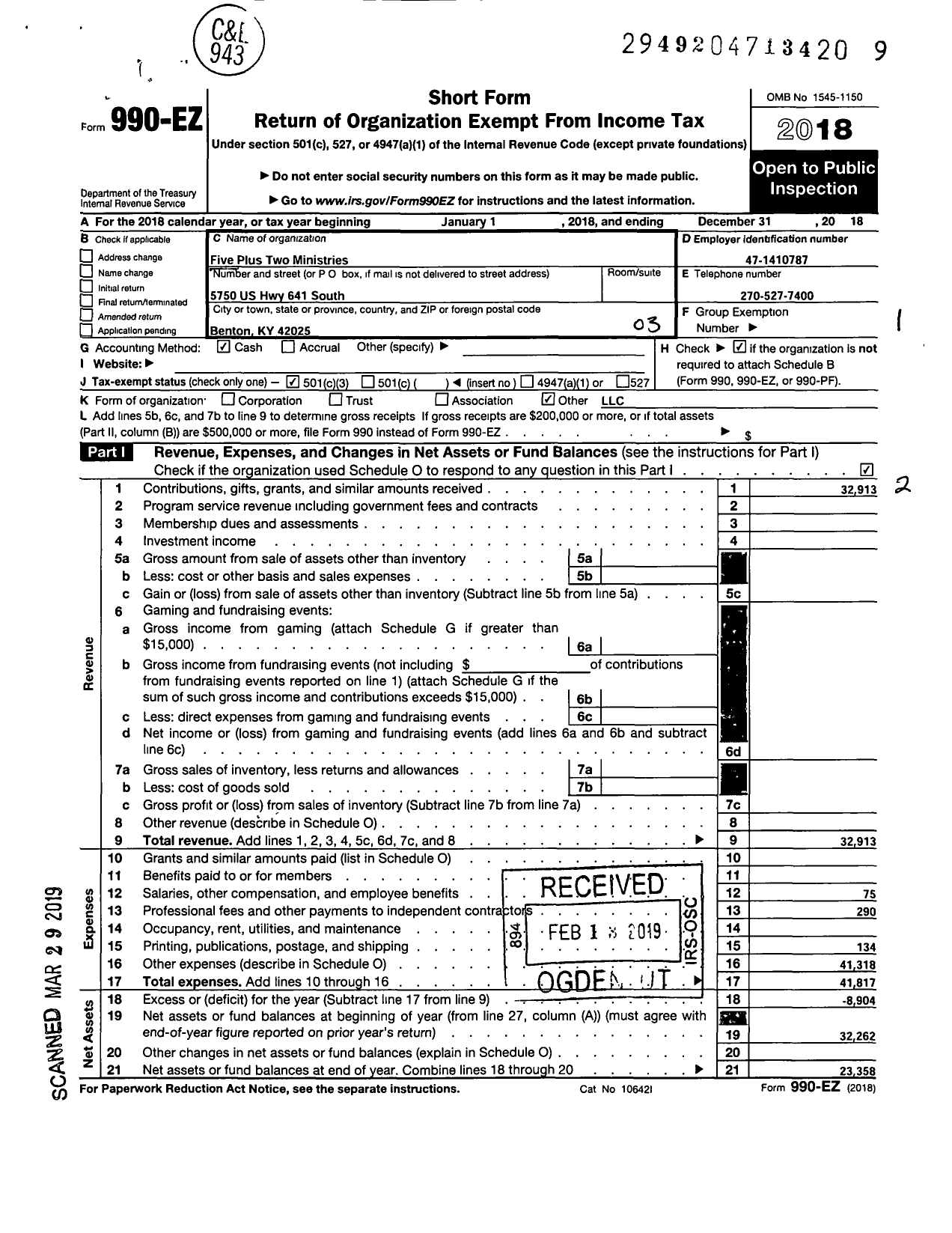 Image of first page of 2018 Form 990EZ for Five Plus Two Ministries