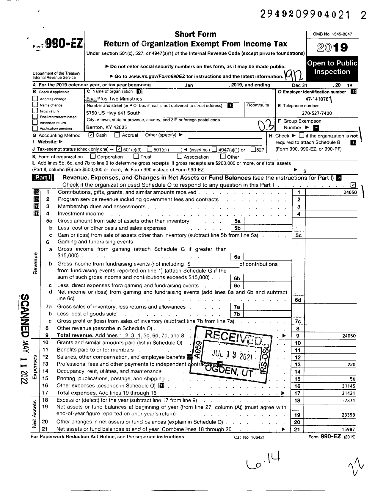 Image of first page of 2019 Form 990EZ for Five Plus Two Ministries