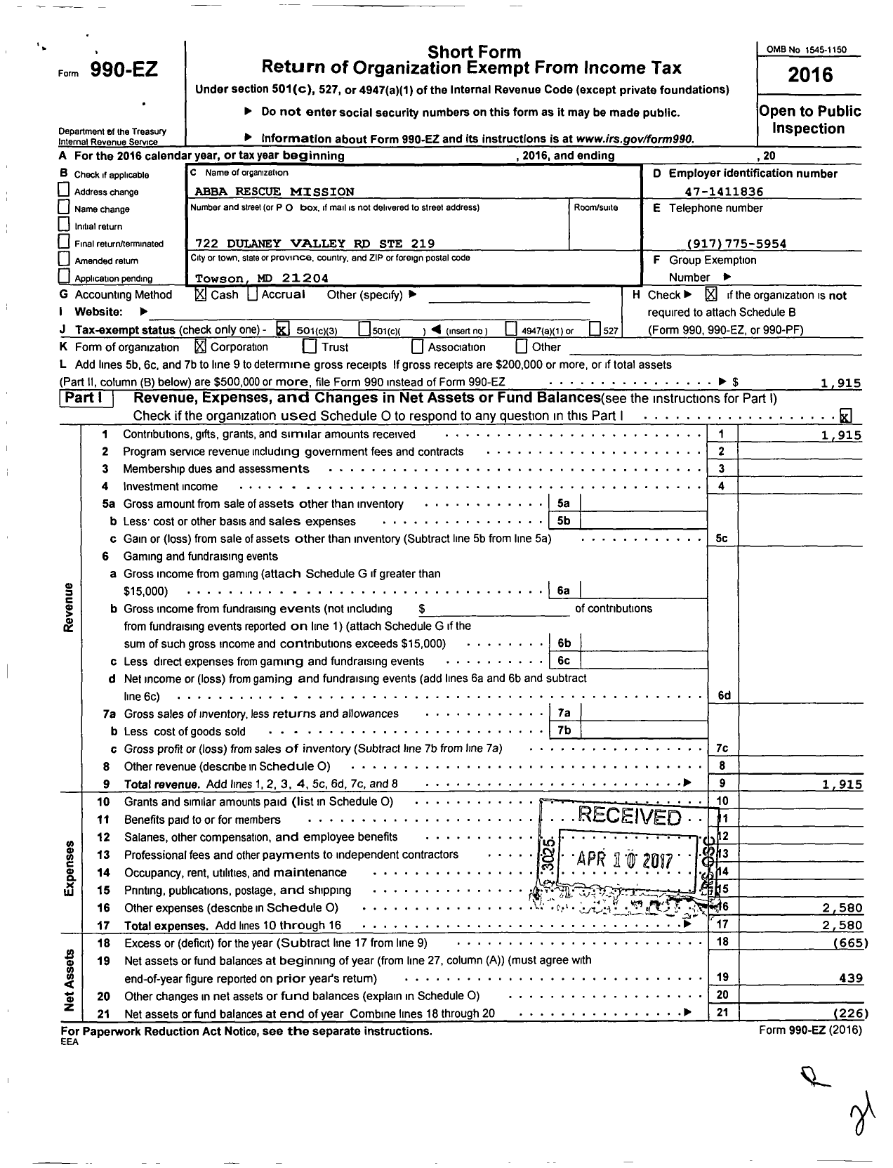 Image of first page of 2016 Form 990EZ for Abba Rescue Mission