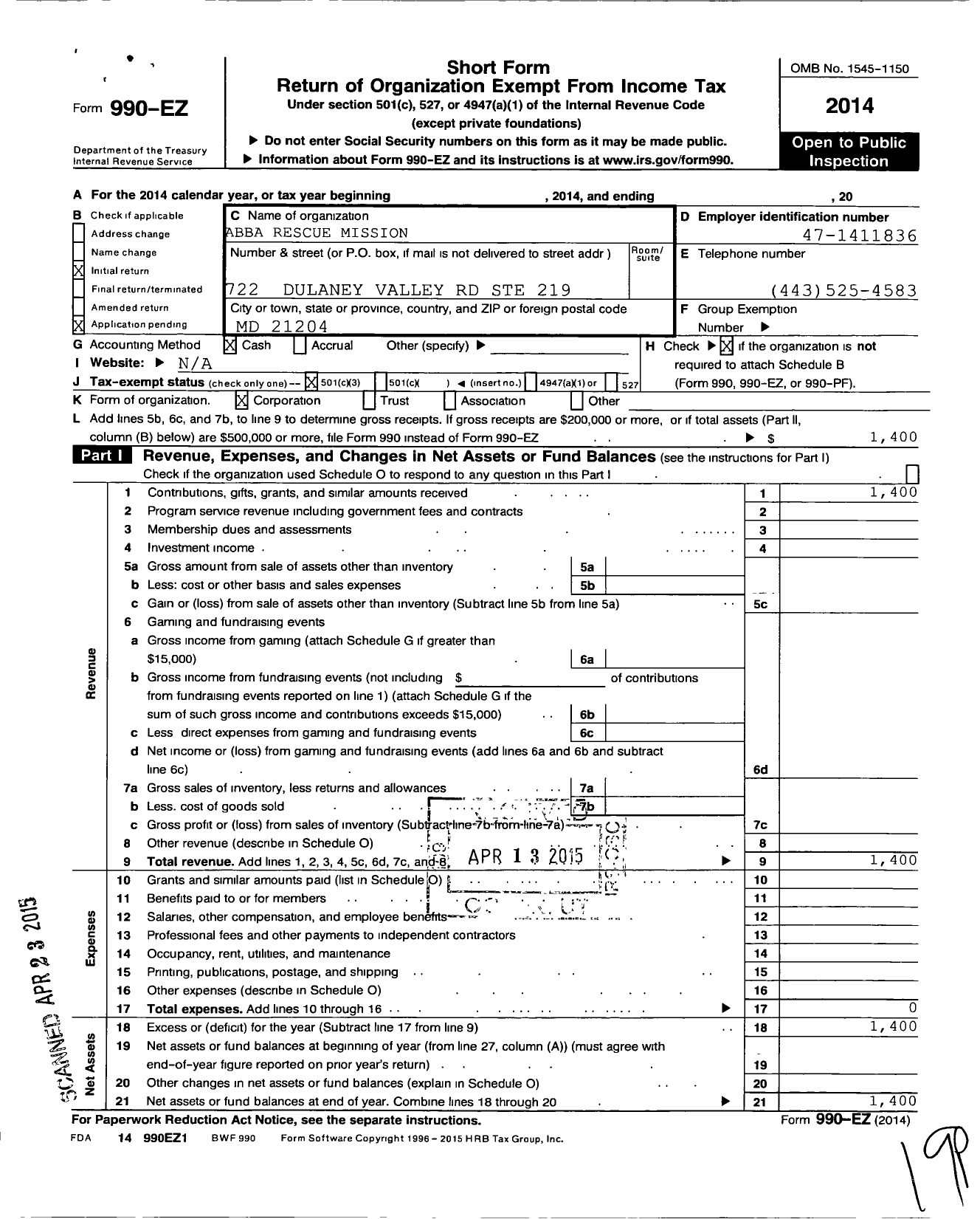 Image of first page of 2014 Form 990EZ for Abba Rescue Mission