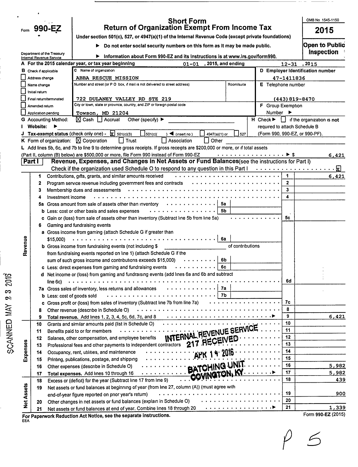 Image of first page of 2015 Form 990EZ for Abba Rescue Mission