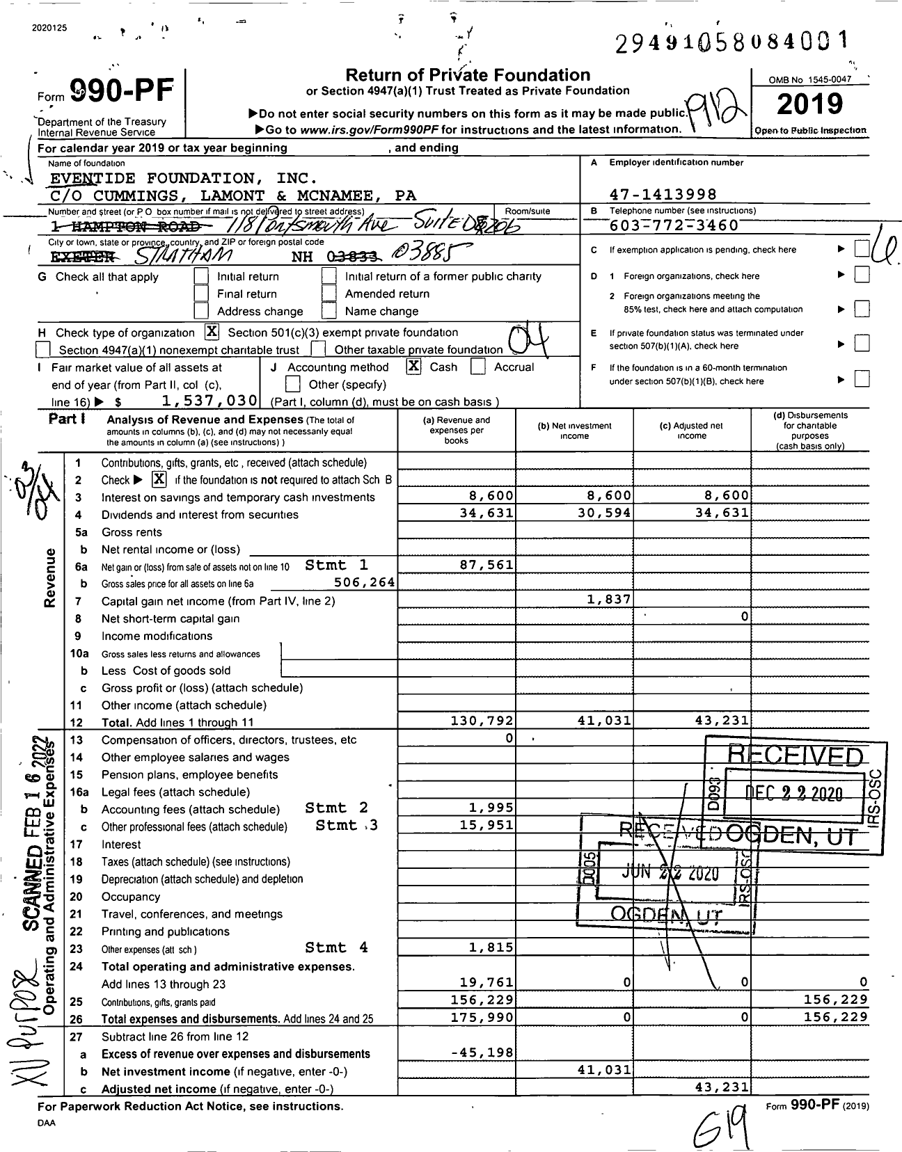 Image of first page of 2019 Form 990PF for Eventide Foundation