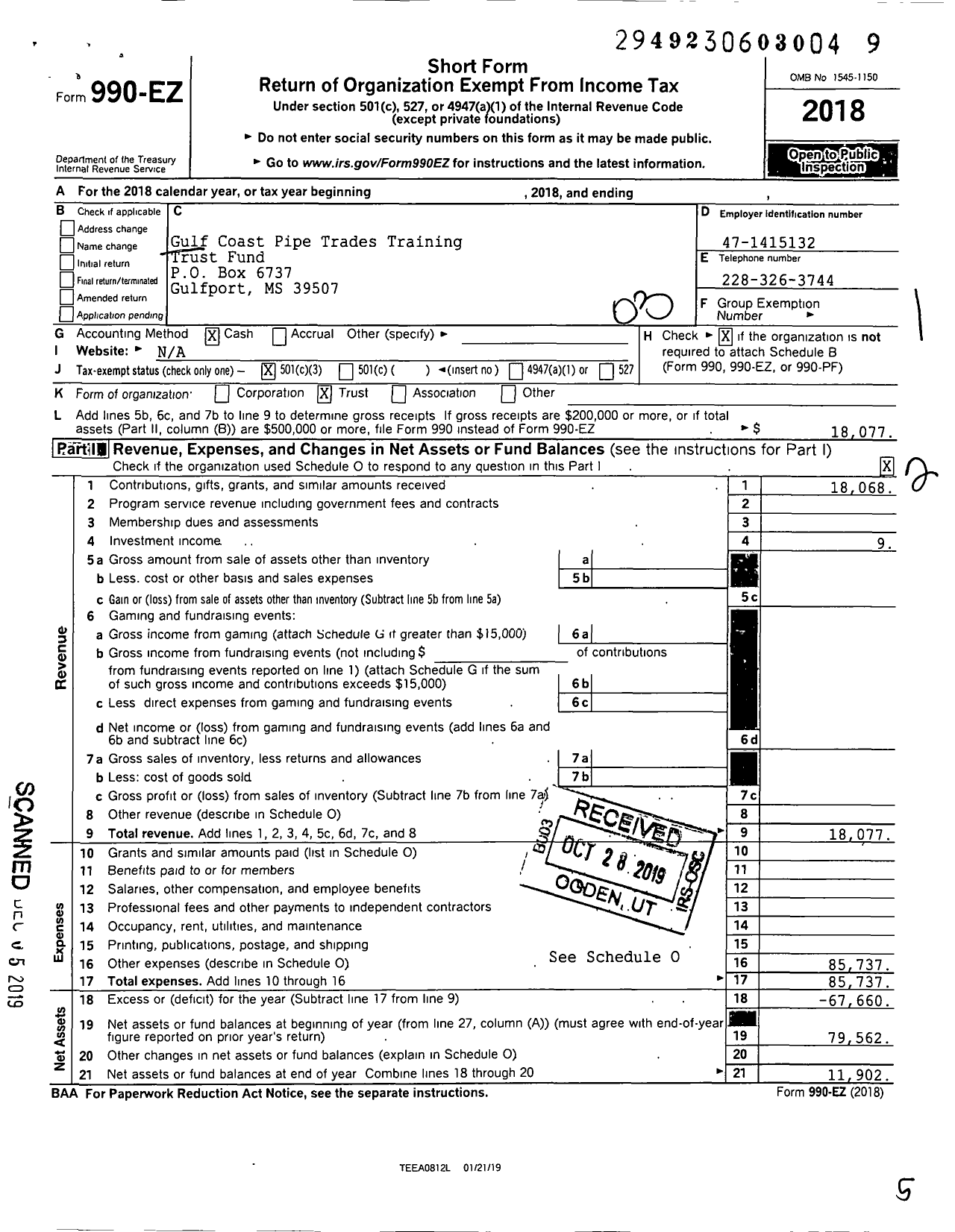 Image of first page of 2018 Form 990EZ for Gulf Coast Pipe Trades Training Trust Fund