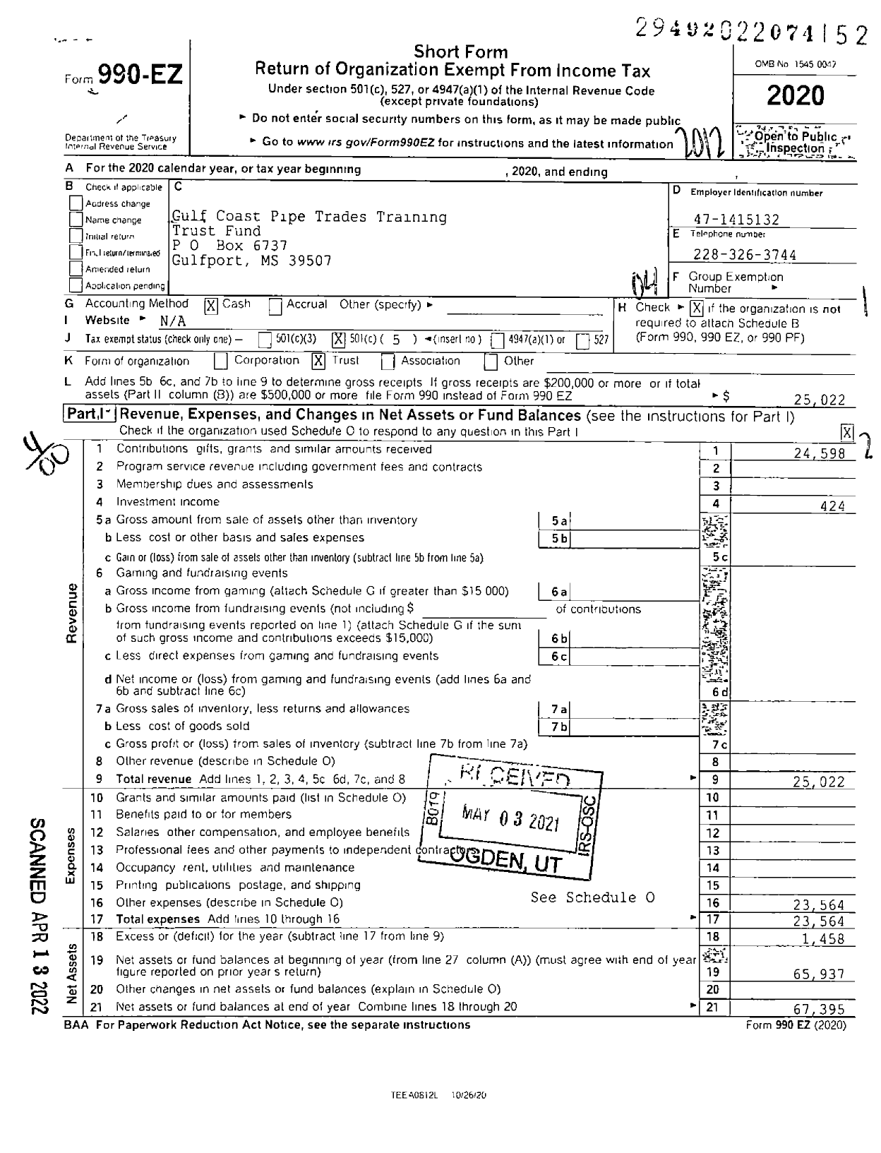 Image of first page of 2020 Form 990EO for Gulf Coast Pipe Trades Training Trust Fund